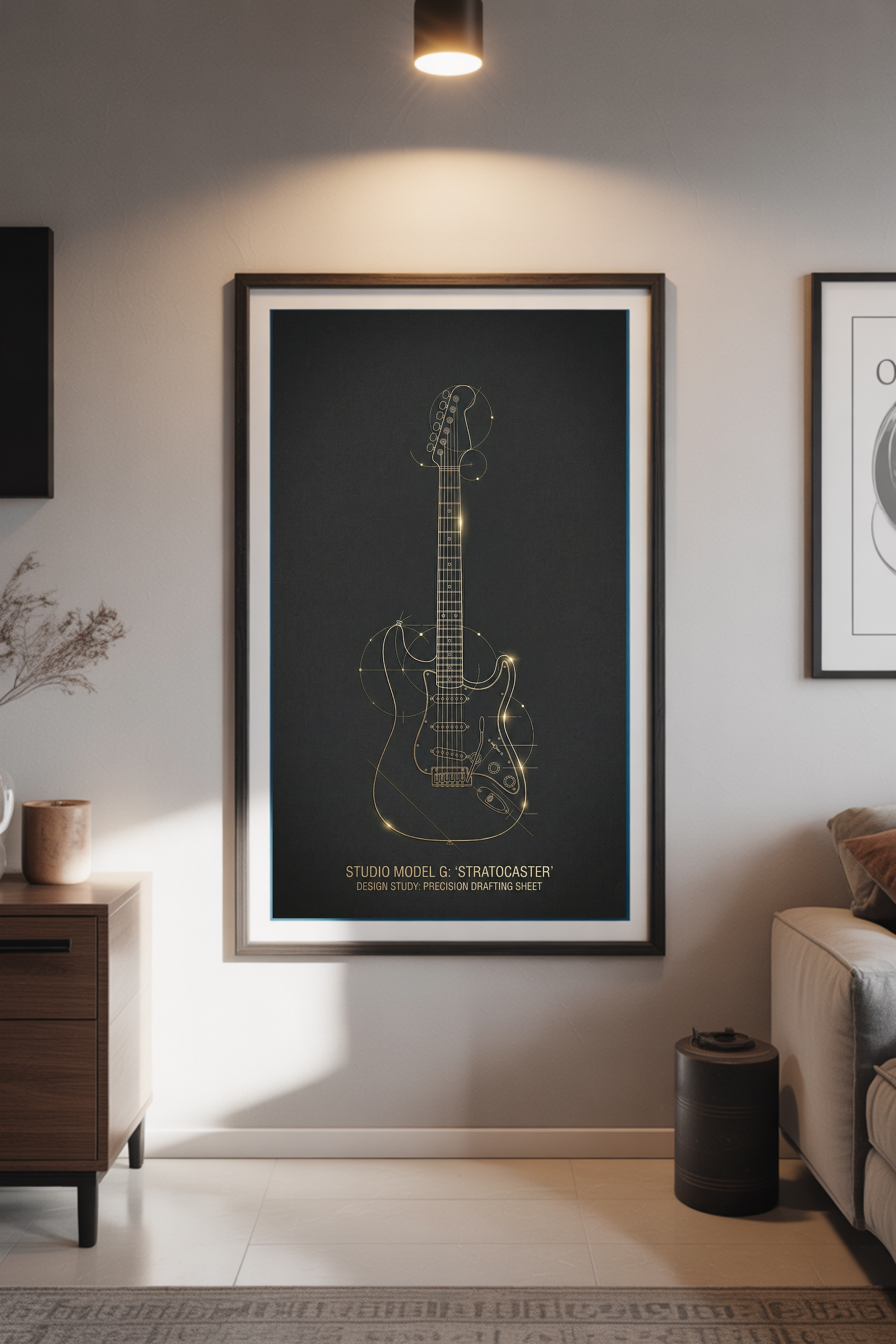 Framed stratocaster guitar poster on a wall in a living room setting