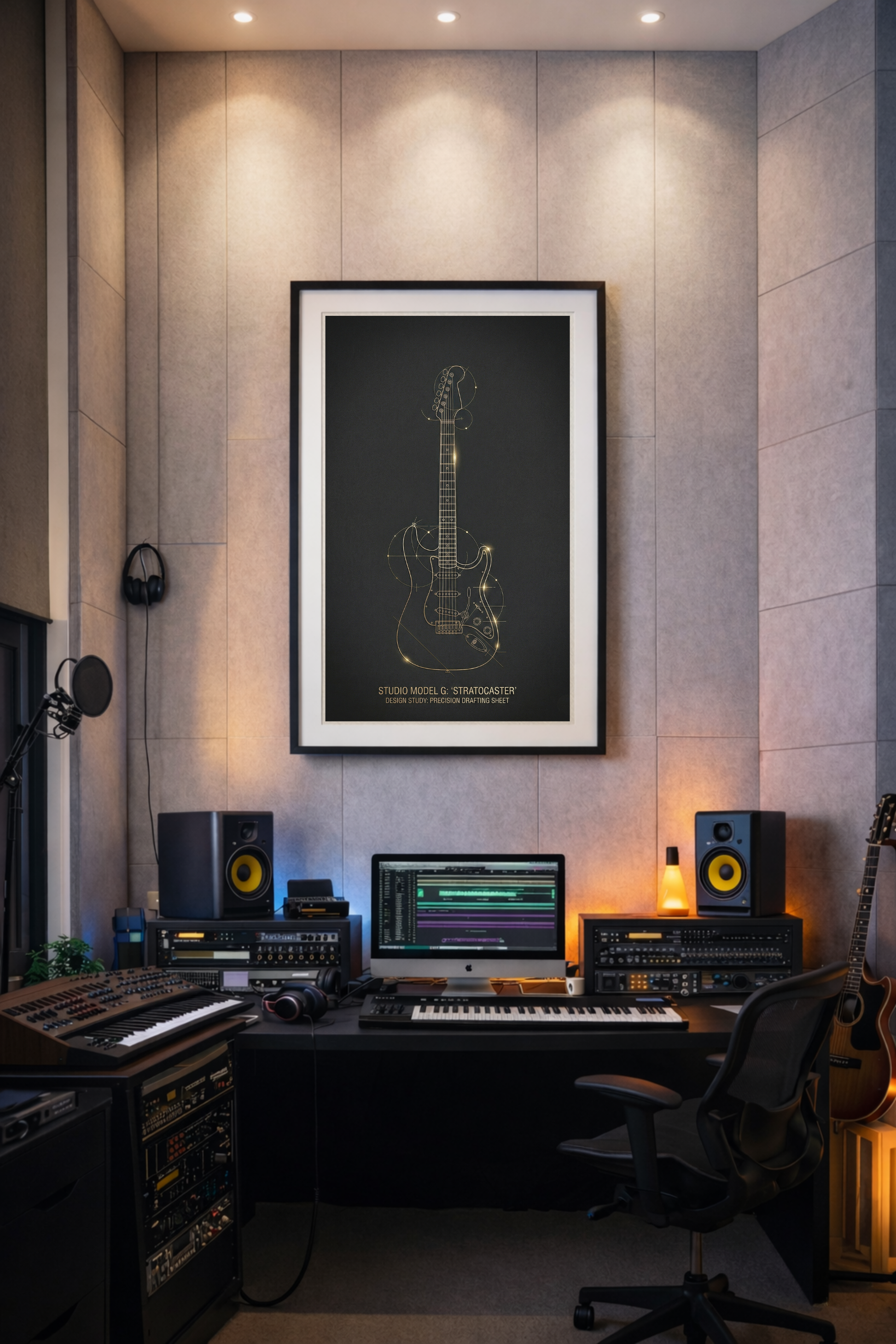 Home studio setup with music production equipment and framed guitar poster on the wall.