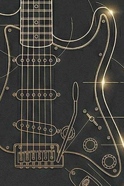 Outline of a guitar on a dark background with a spotlight effect