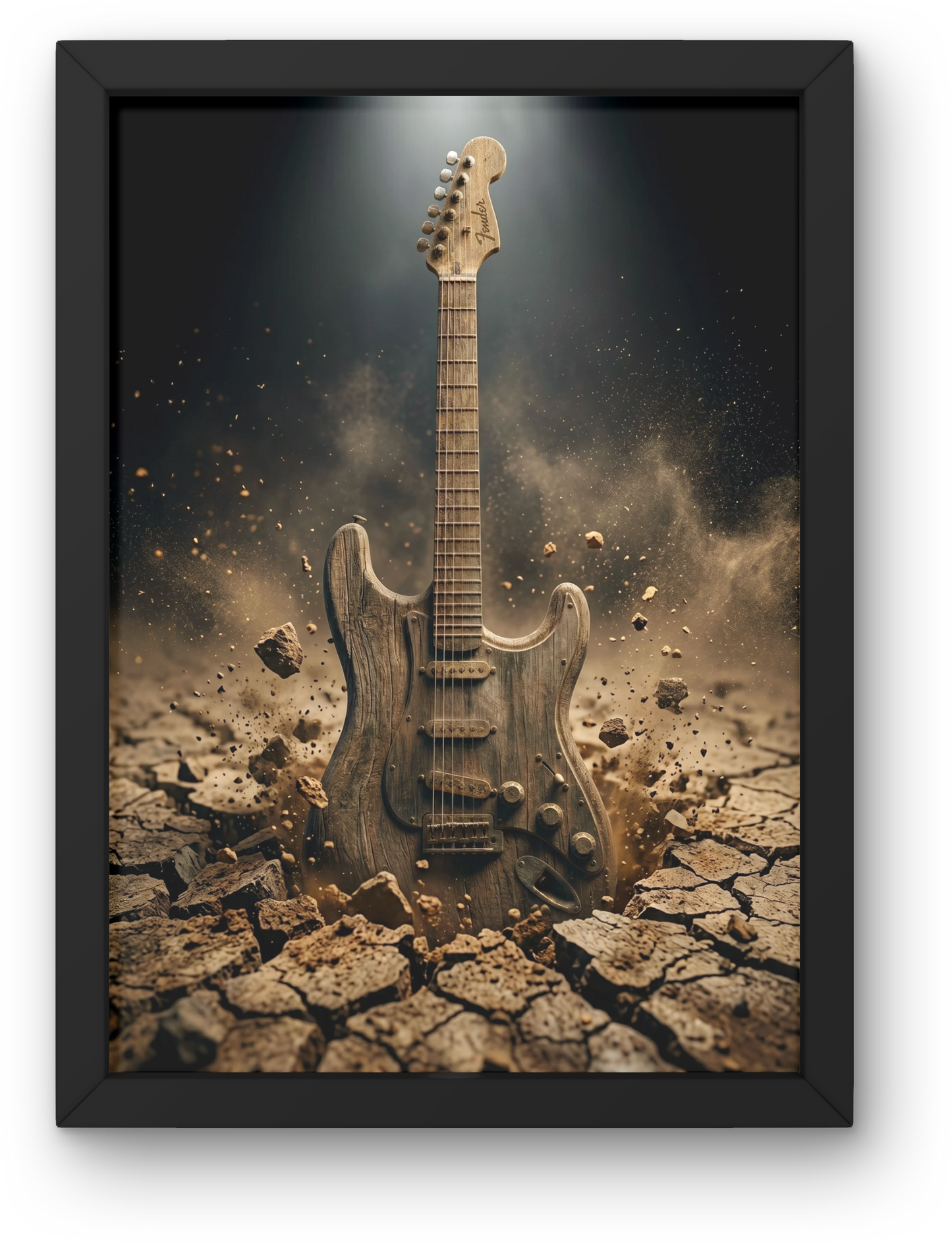Framed artwork of a guitar emerging from cracked earth