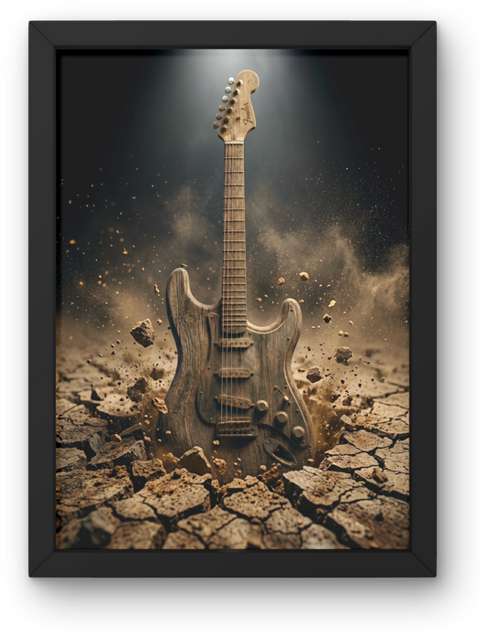 Framed artwork of a guitar emerging from cracked earth