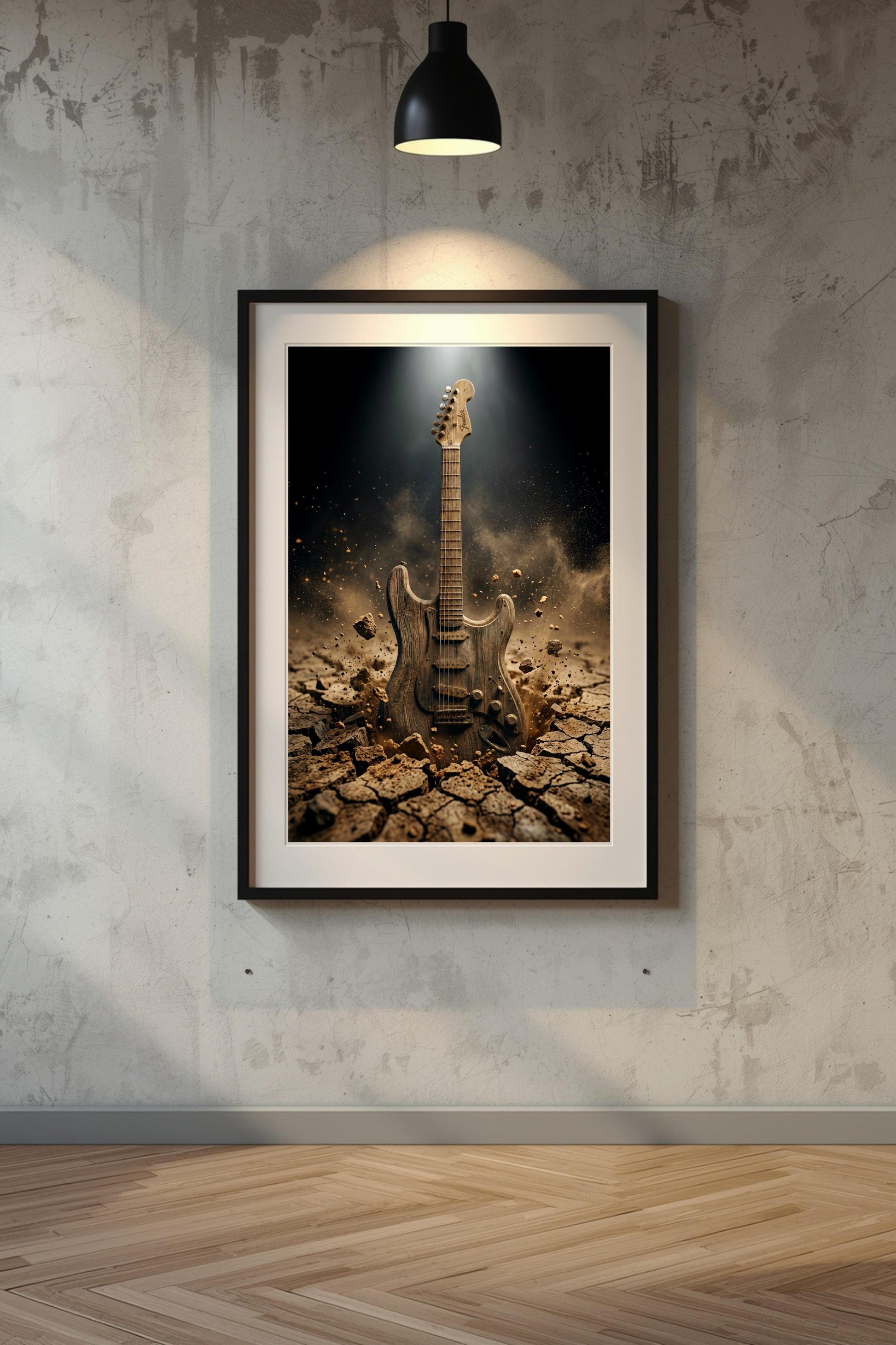 Framed artwork of a guitar on a cracked earth background, hanging on a textured wall.