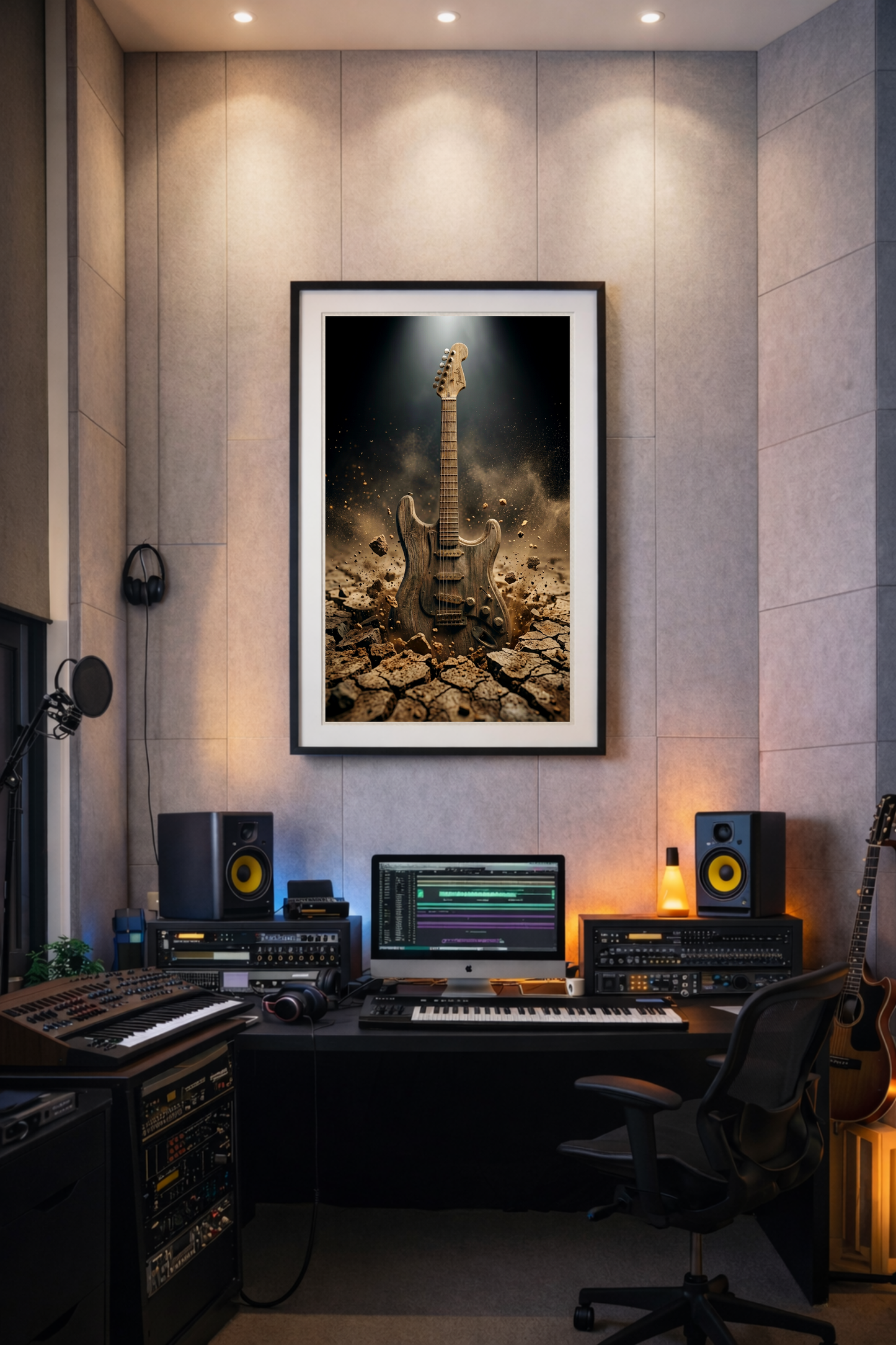 Home studio with musical equipment and a framed guitar artwork on the wall.