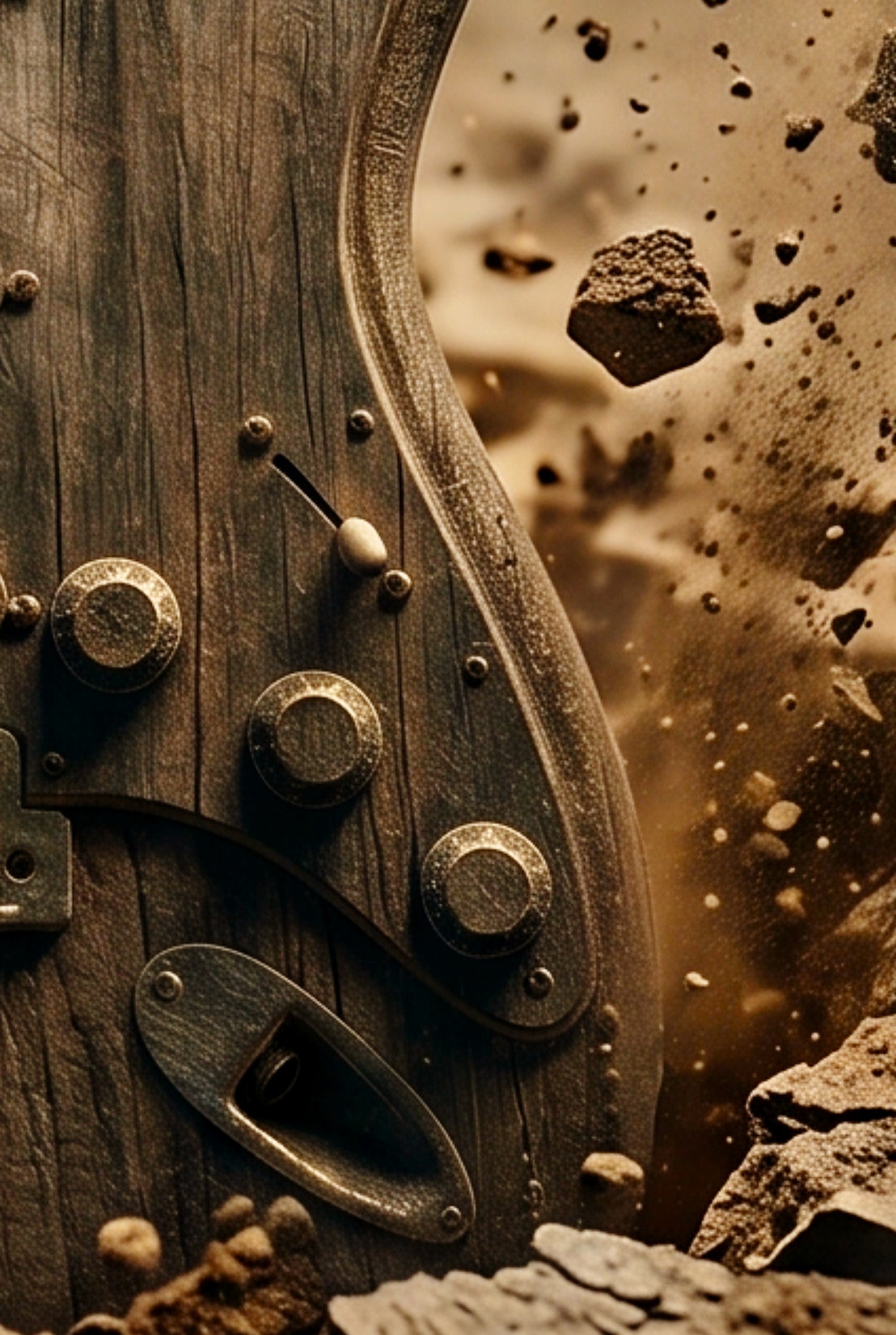 Close-up of a guitar exploding from the earth with sand and rocks.