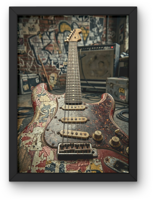 Framed photograph of a worn electric guitar against a colorful, textured background.