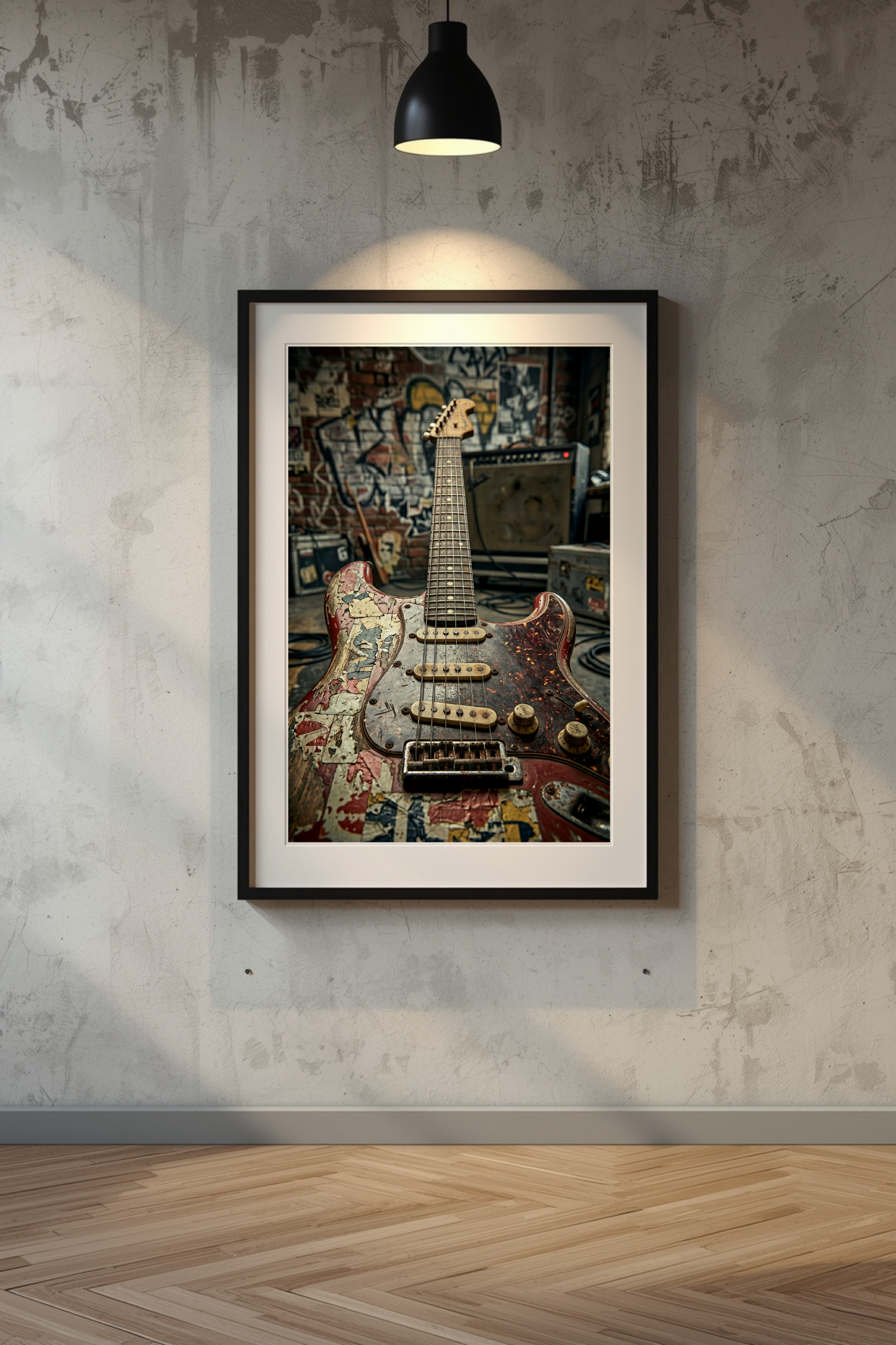 Framed artwork of a guitar on a textured wall with a lamp above.