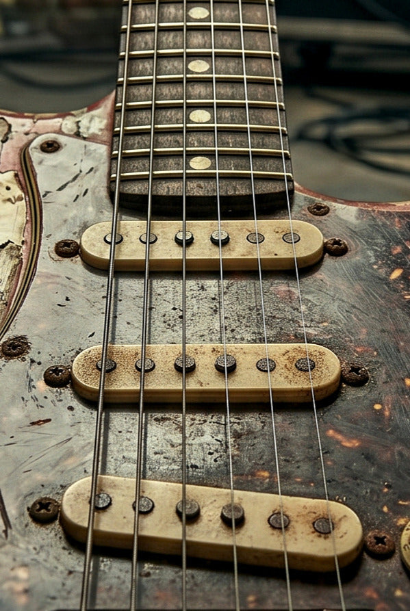 Close-up of a guitar's fretboard and strings with a blurred background
