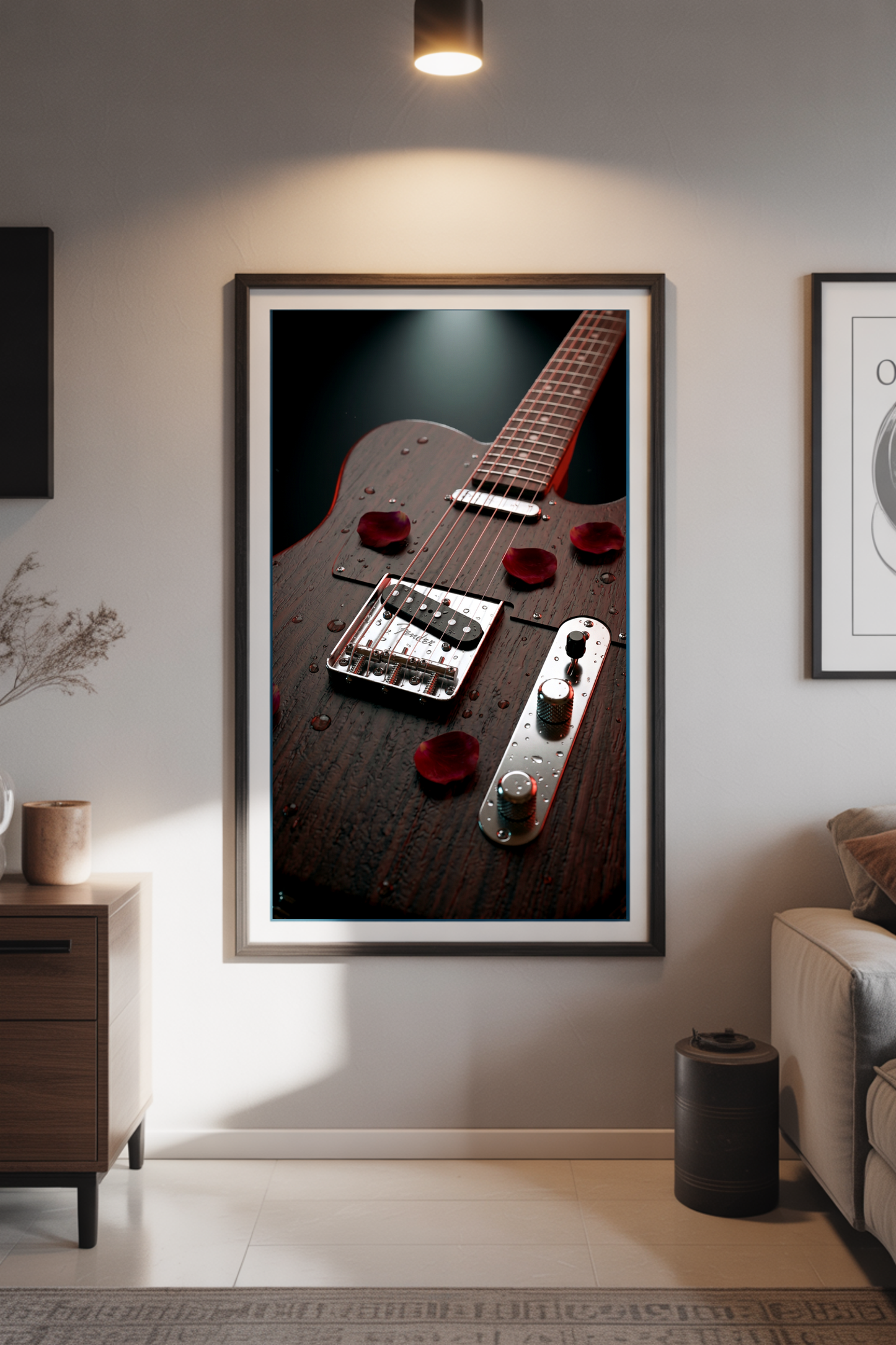 Framed telecaster guitar poster on a wall in a living room setting