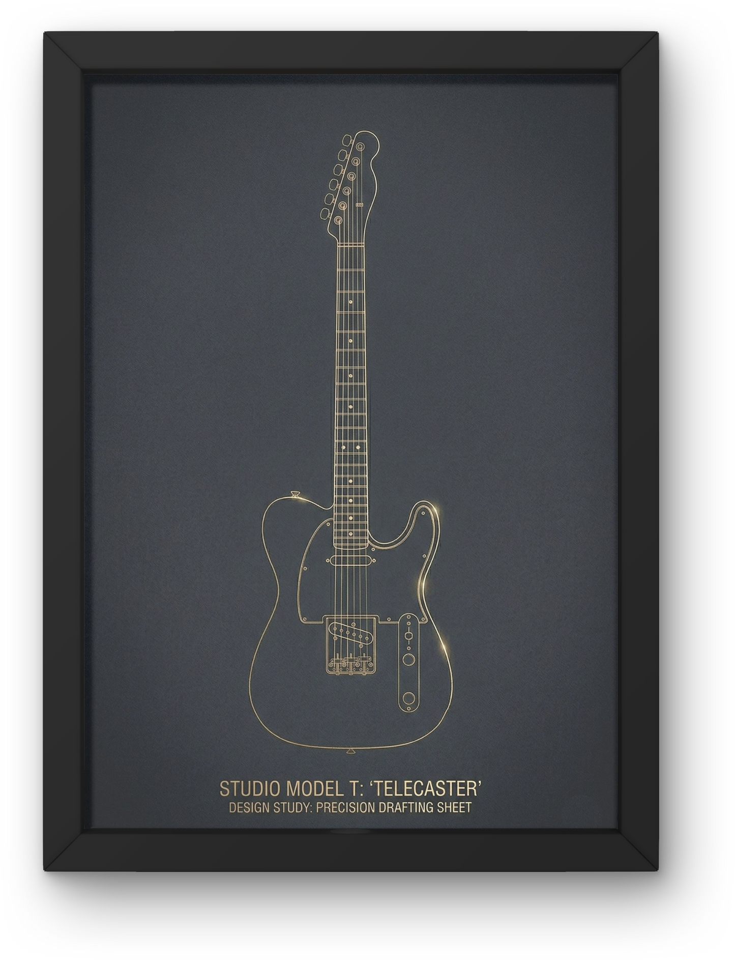 Framed black and white illustration of a telecaster guitar on a dark background