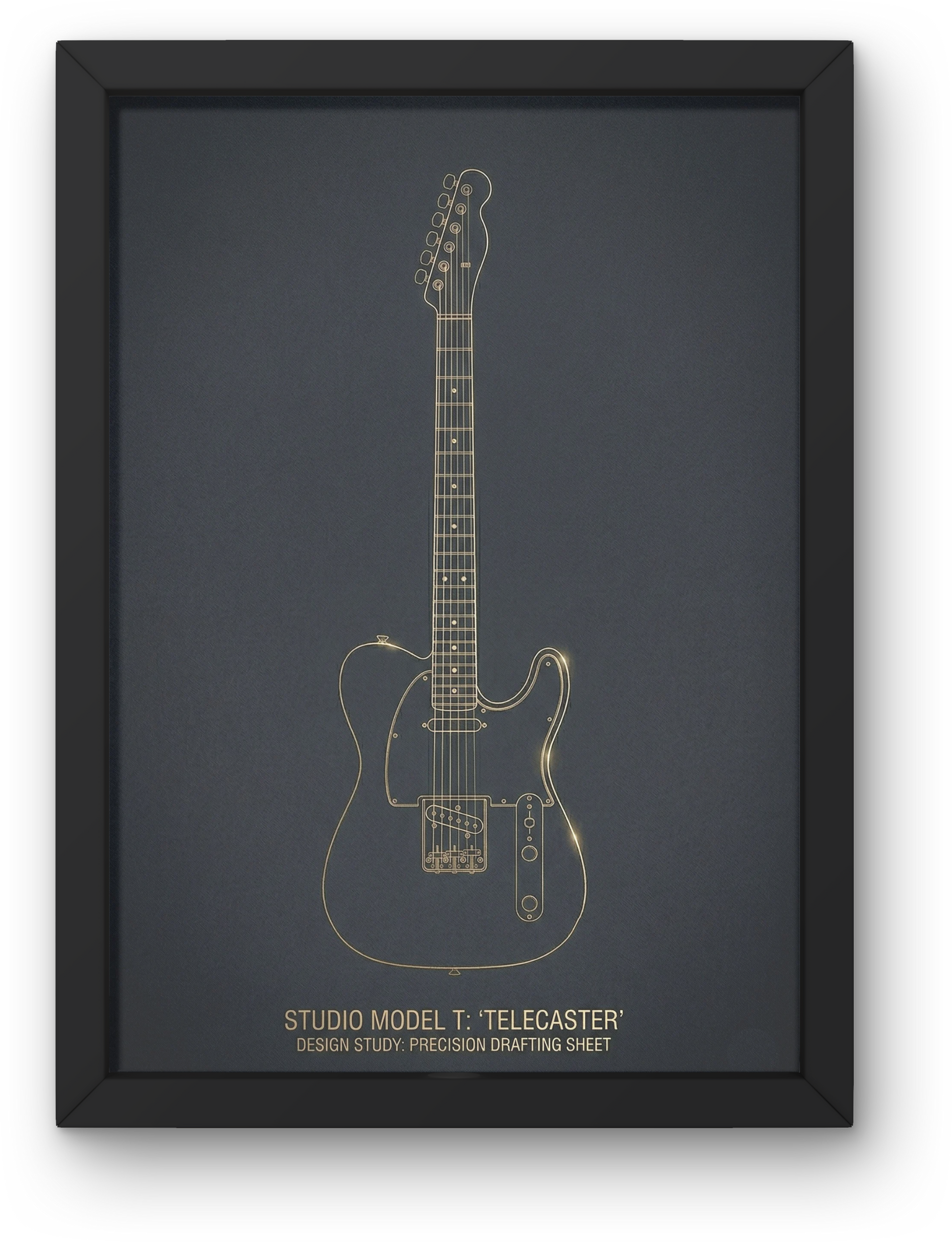 Framed black and white illustration of a telecaster guitar on a dark background