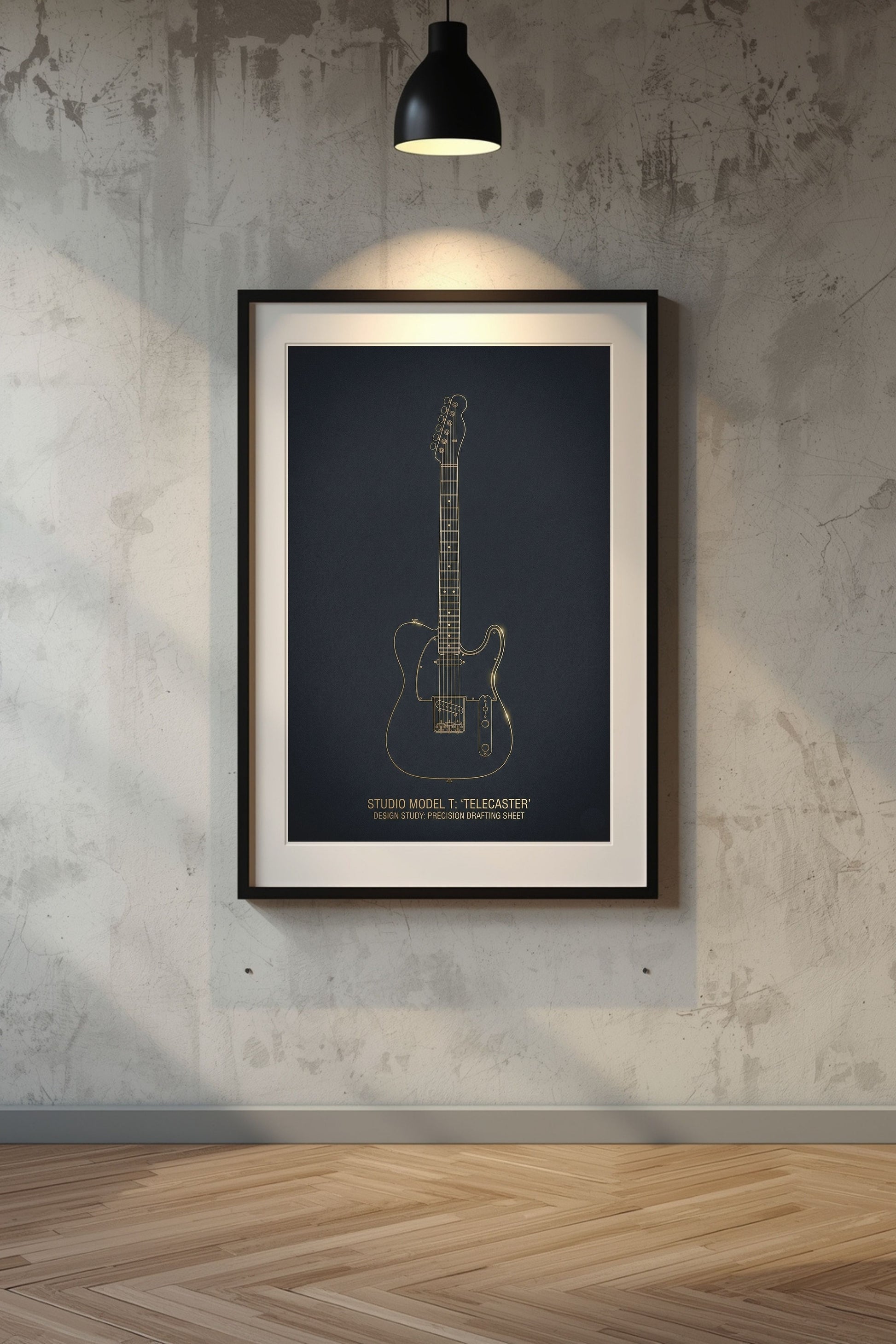 Framed guitar poster on a textured wall with a light fixture.