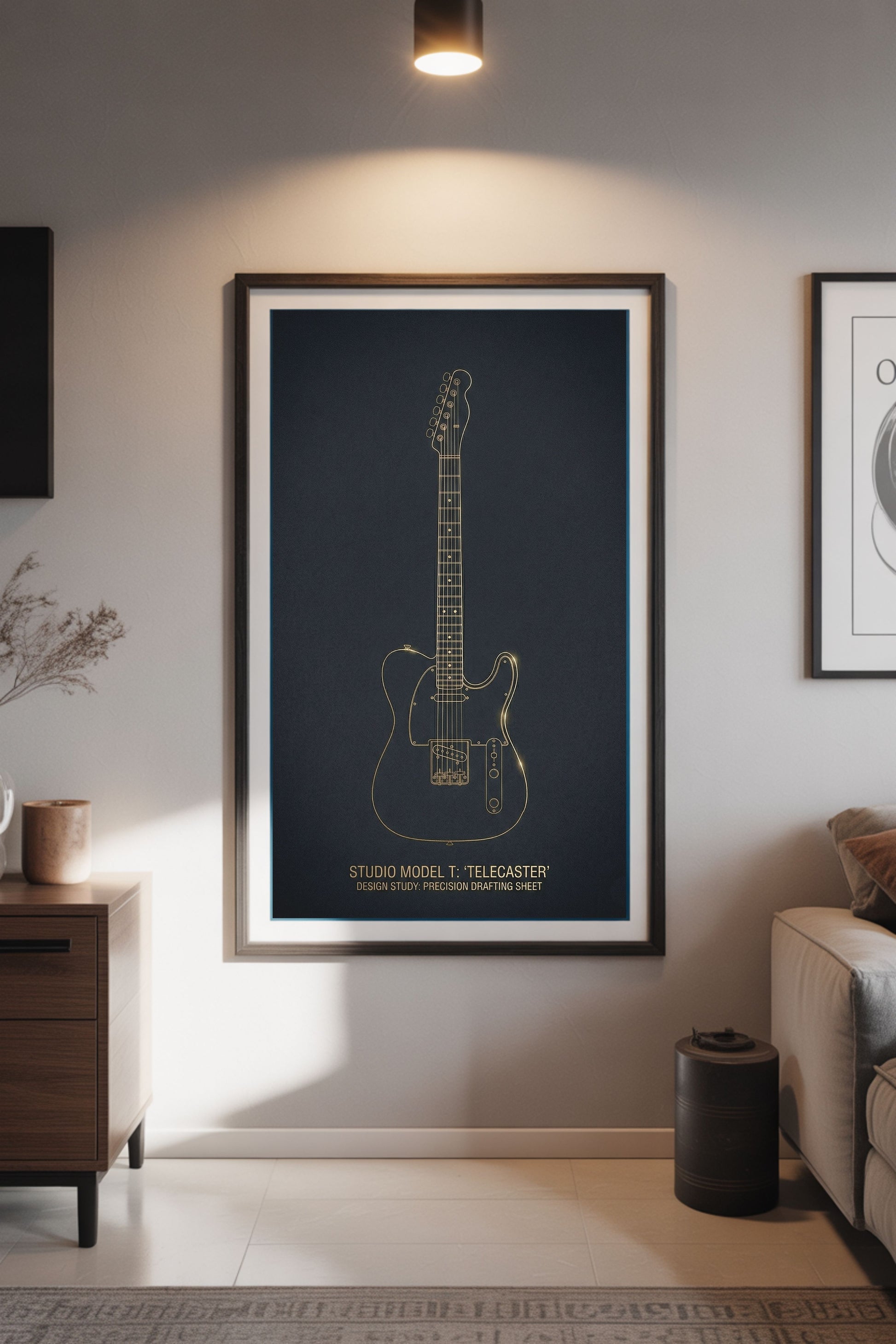 Framed telecaster guitar poster on a wall in a living room setting