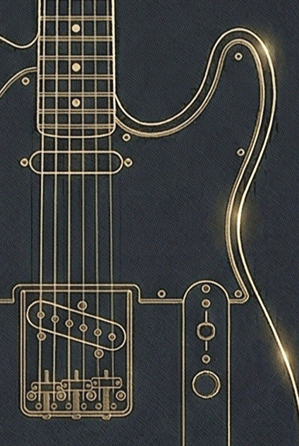 Gold outline of a guitar on a dark blue background