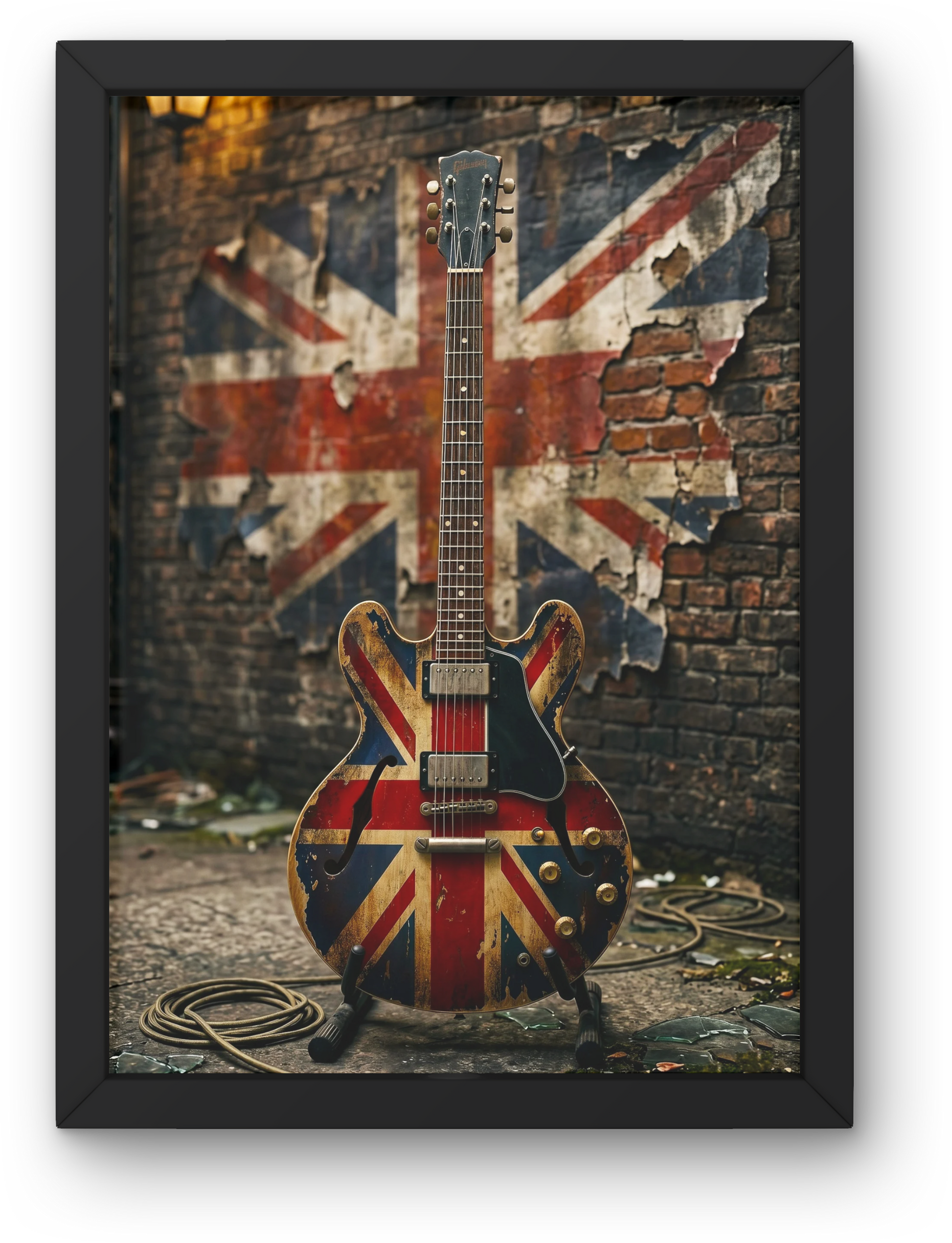 335 style guitar with Union Jack design against a brick wall with peeling paint