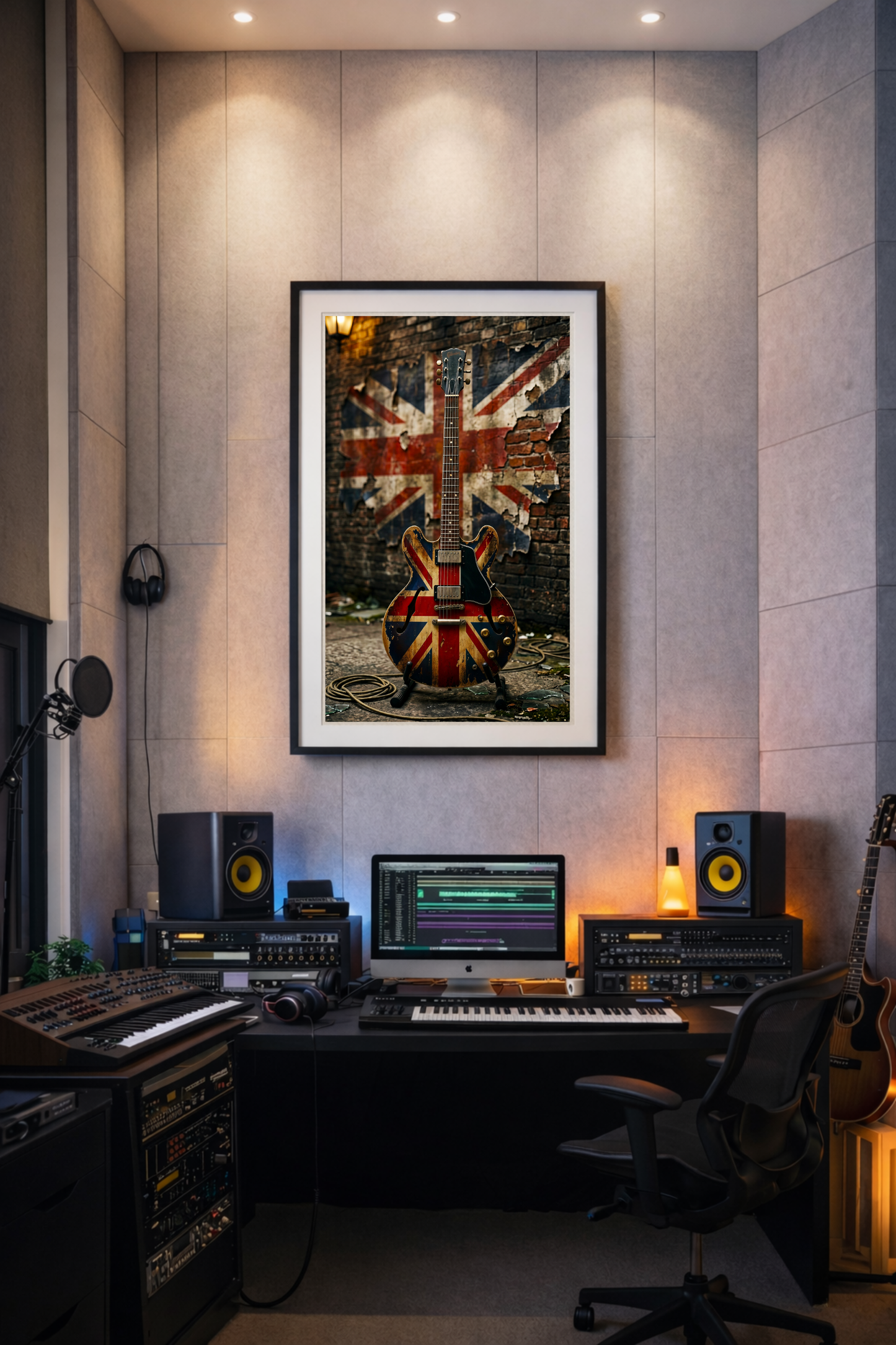 Home studio with music production equipment and a framed picture of a 335-style guitar with a Union Jack flag.