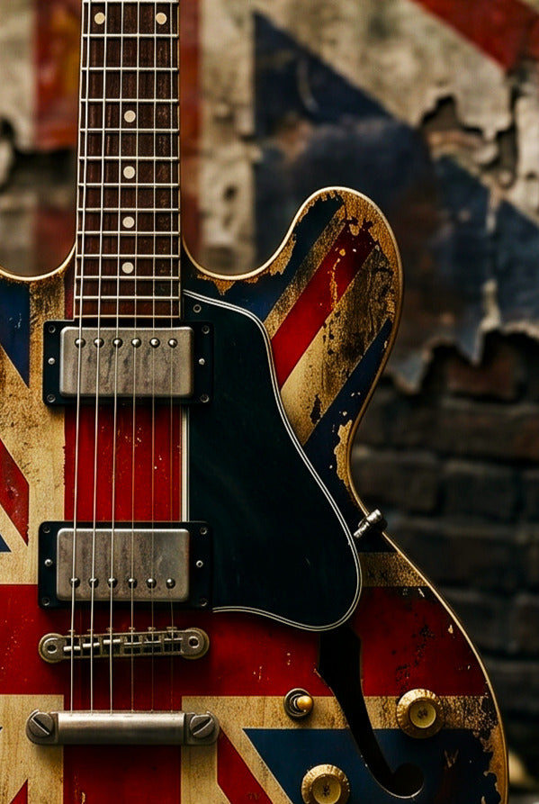 Close up of a 335-style guitar with a Union Jack design on a textured background