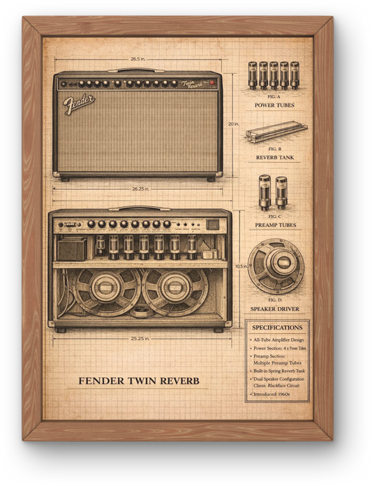 Fender Twin Reverb amplifier poster with technical diagram and specifications on a wooden frame.