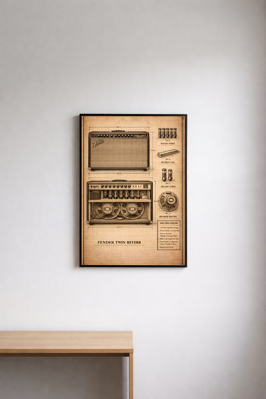 Framed vintage-style illustration of a fender guitar amp on a white wall.