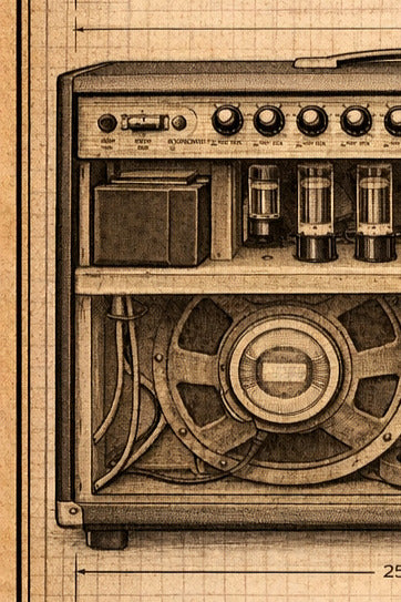 Vintage-style illustration of a tube amplifier on a grid background