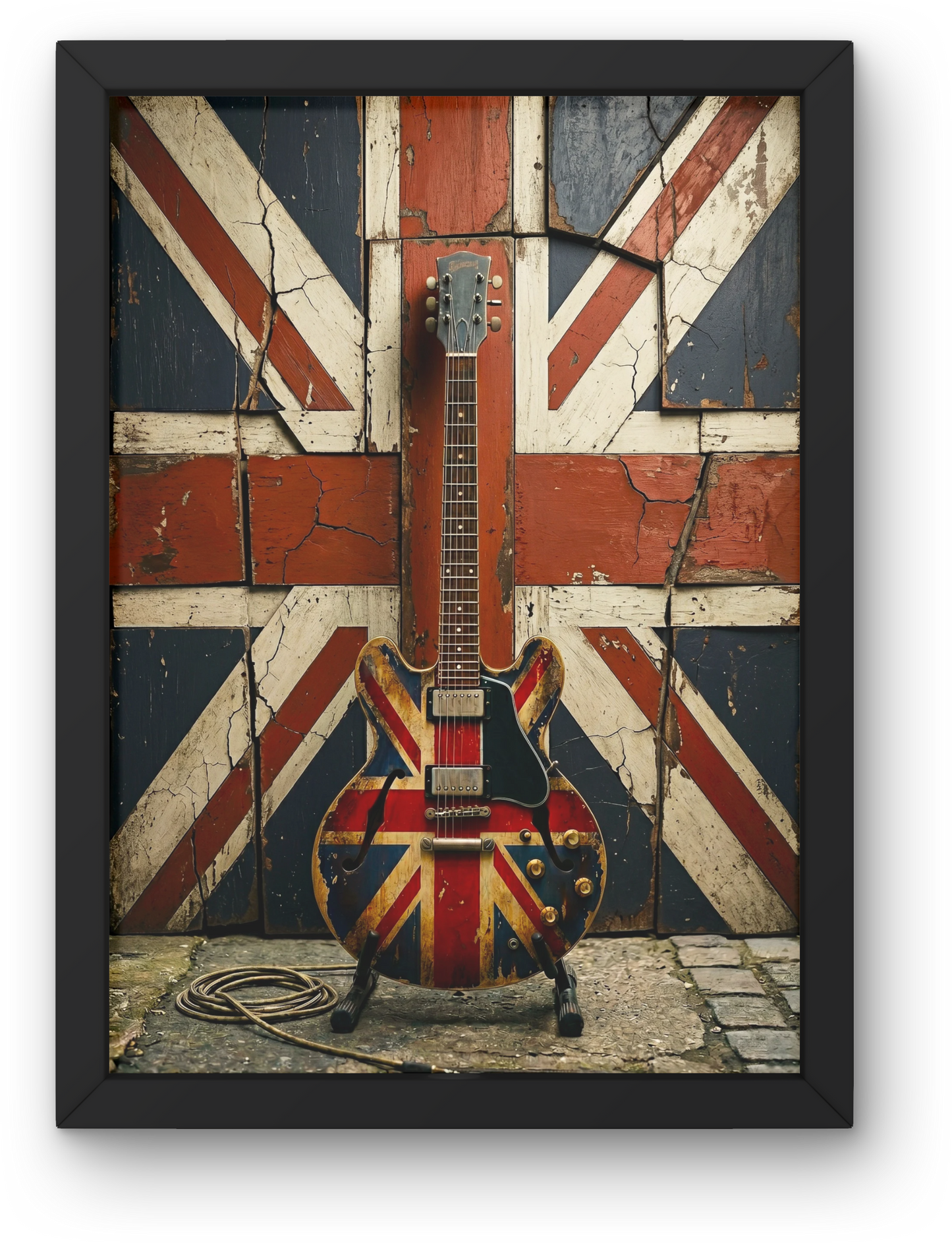Framed artwork of a guitar with a Union Jack design against a Union Jack background.