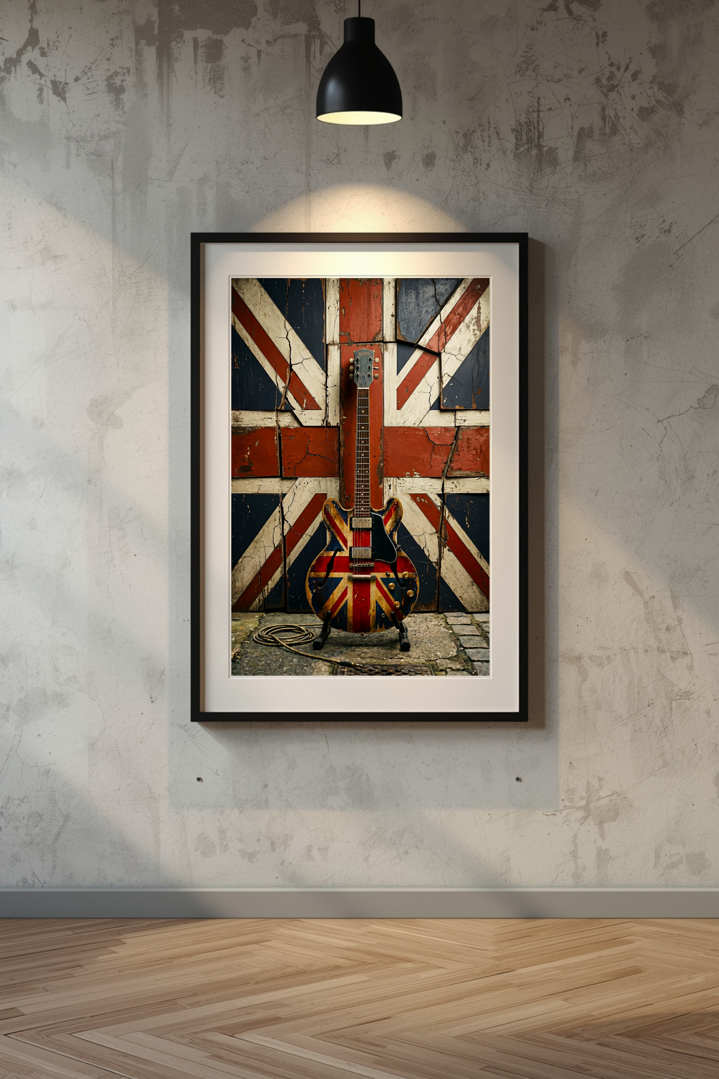Framed artwork of a guitar with a Union Jack design on a textured wall.