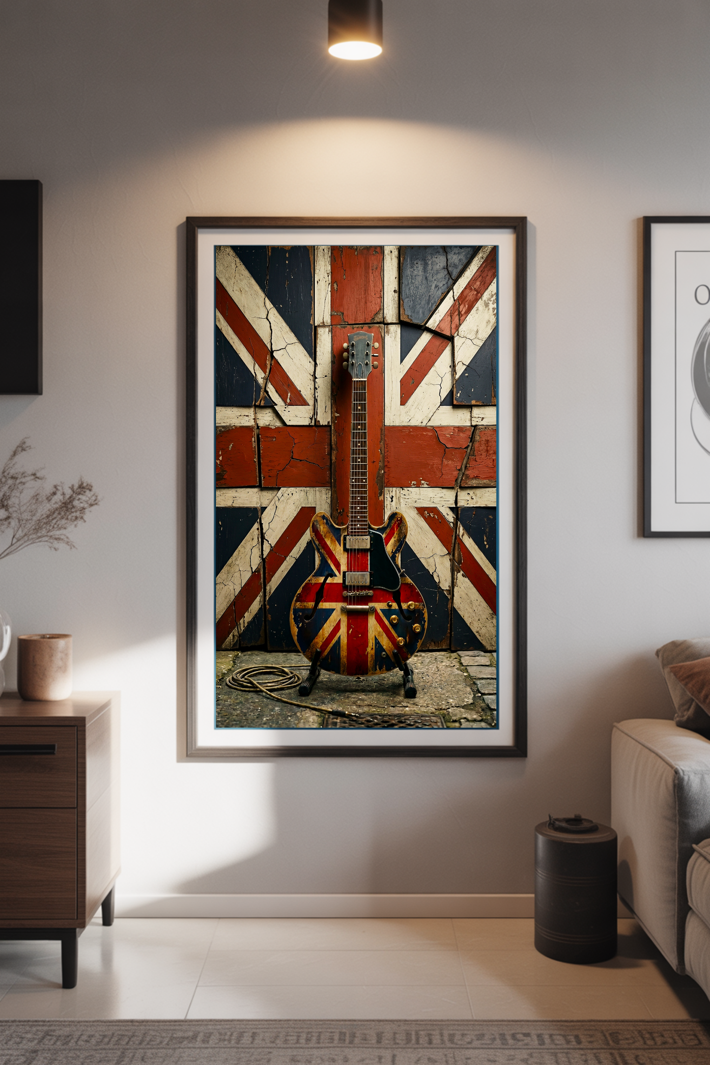 Framed artwork of a guitar with a Union Jack design on a wall in a living room.
