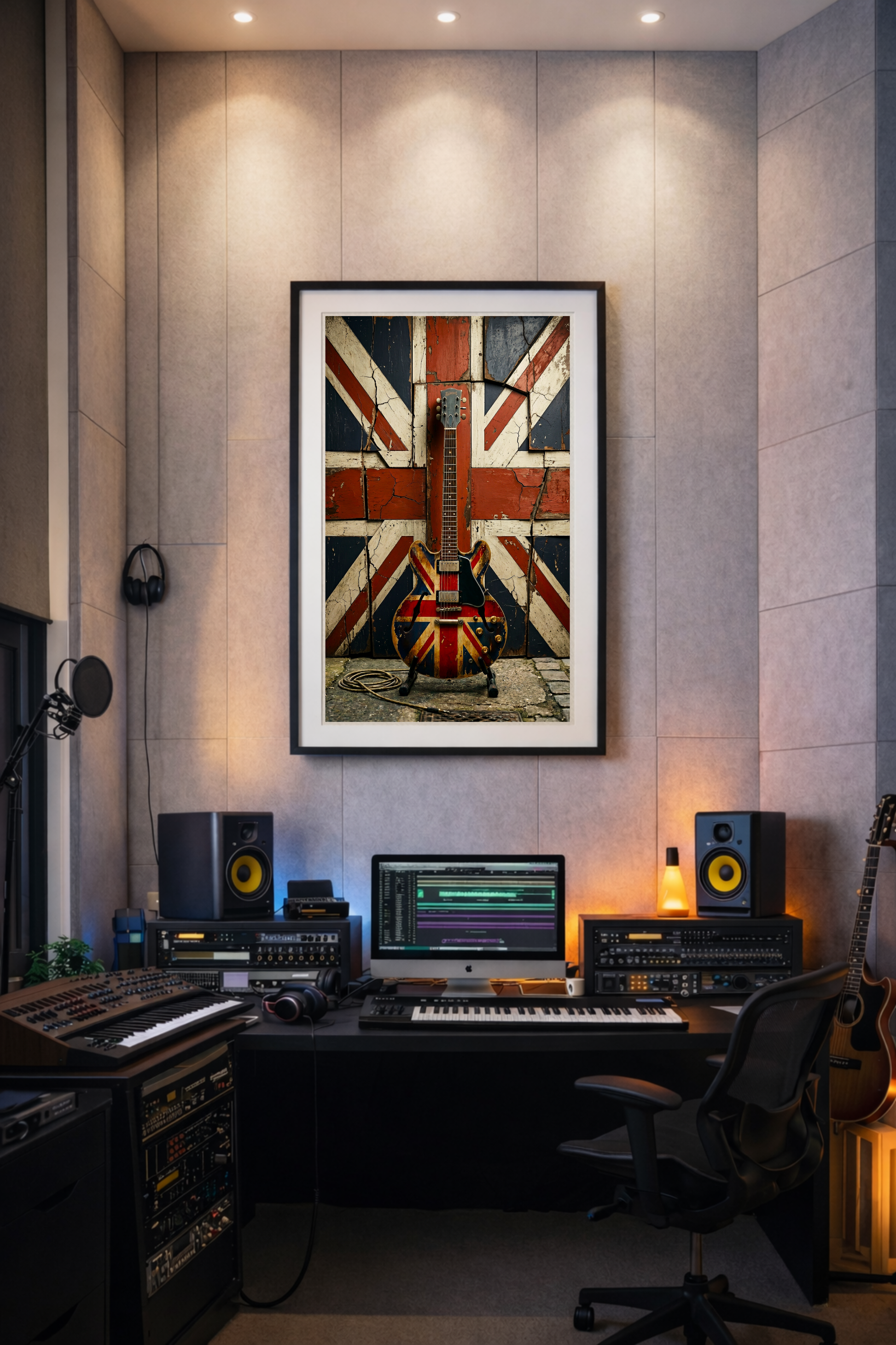 Music studio with equipment, computer, and framed picture of a guitar with a Union Jack design.