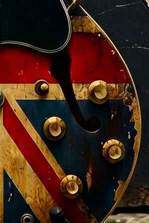 Close-up of a vintage-style Union Jack flag design on a 335-style guitar with red, white, and blue stripes and gold accents.