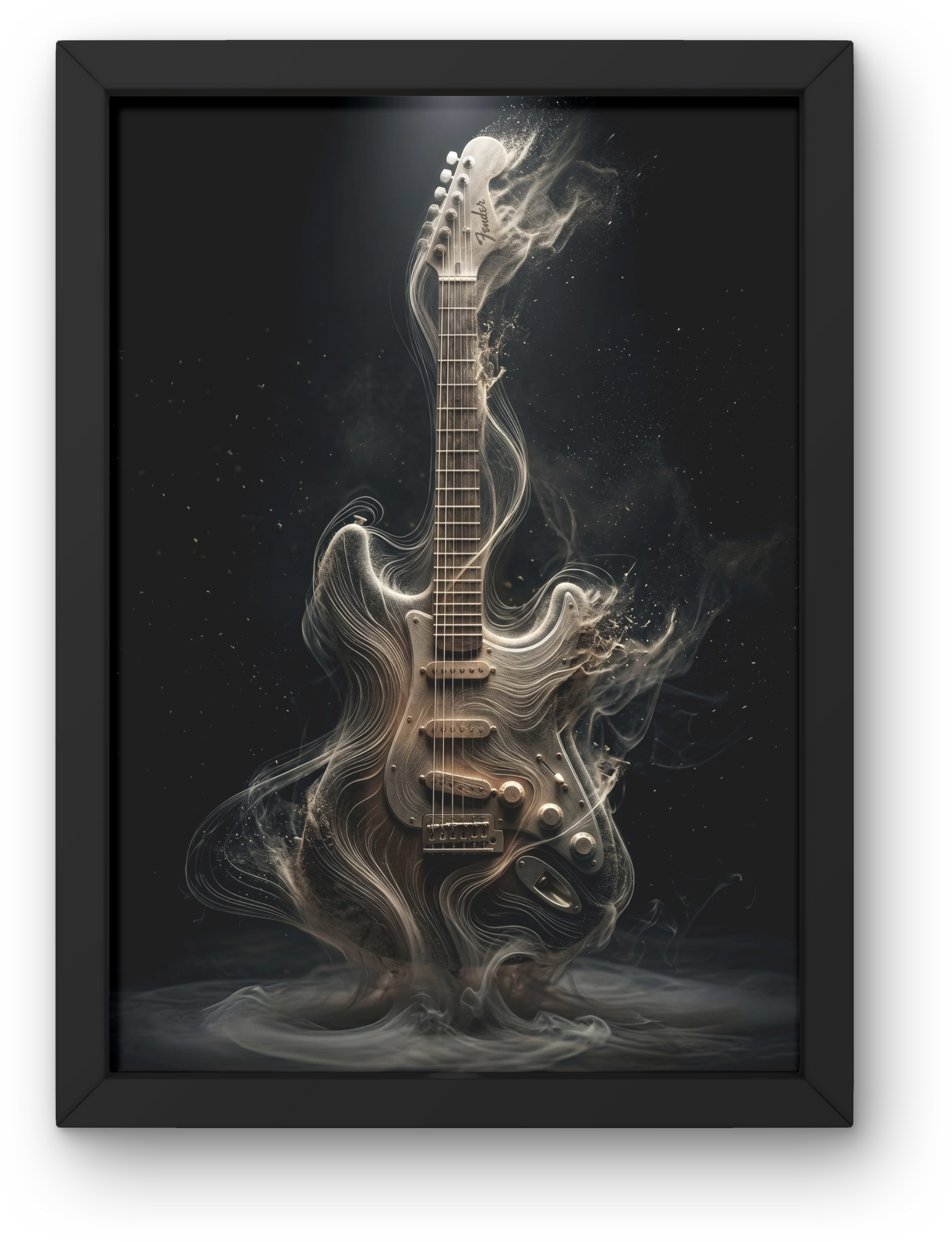 Framed artwork of a guitar made of smoke on a dark background