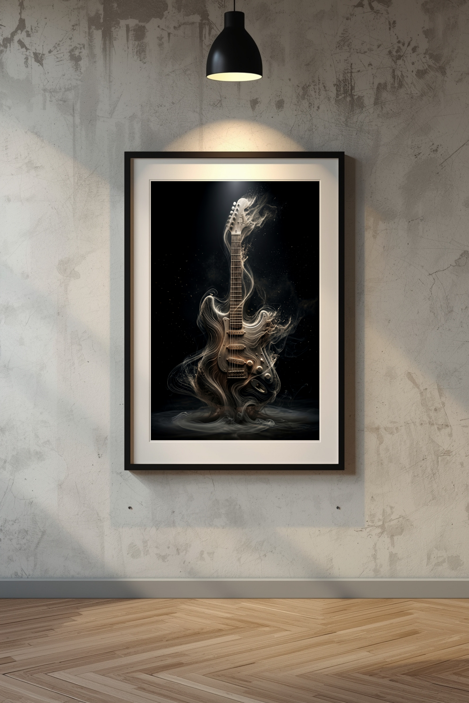 Framed artwork of a guitar on a textured wall with a light fixture.