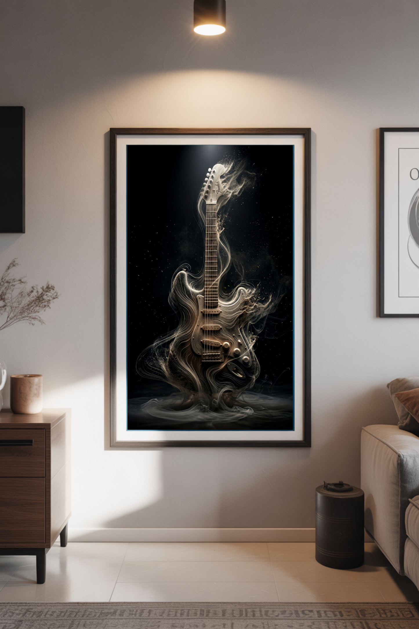 Framed artwork of a guitar on a wall in a living room setting