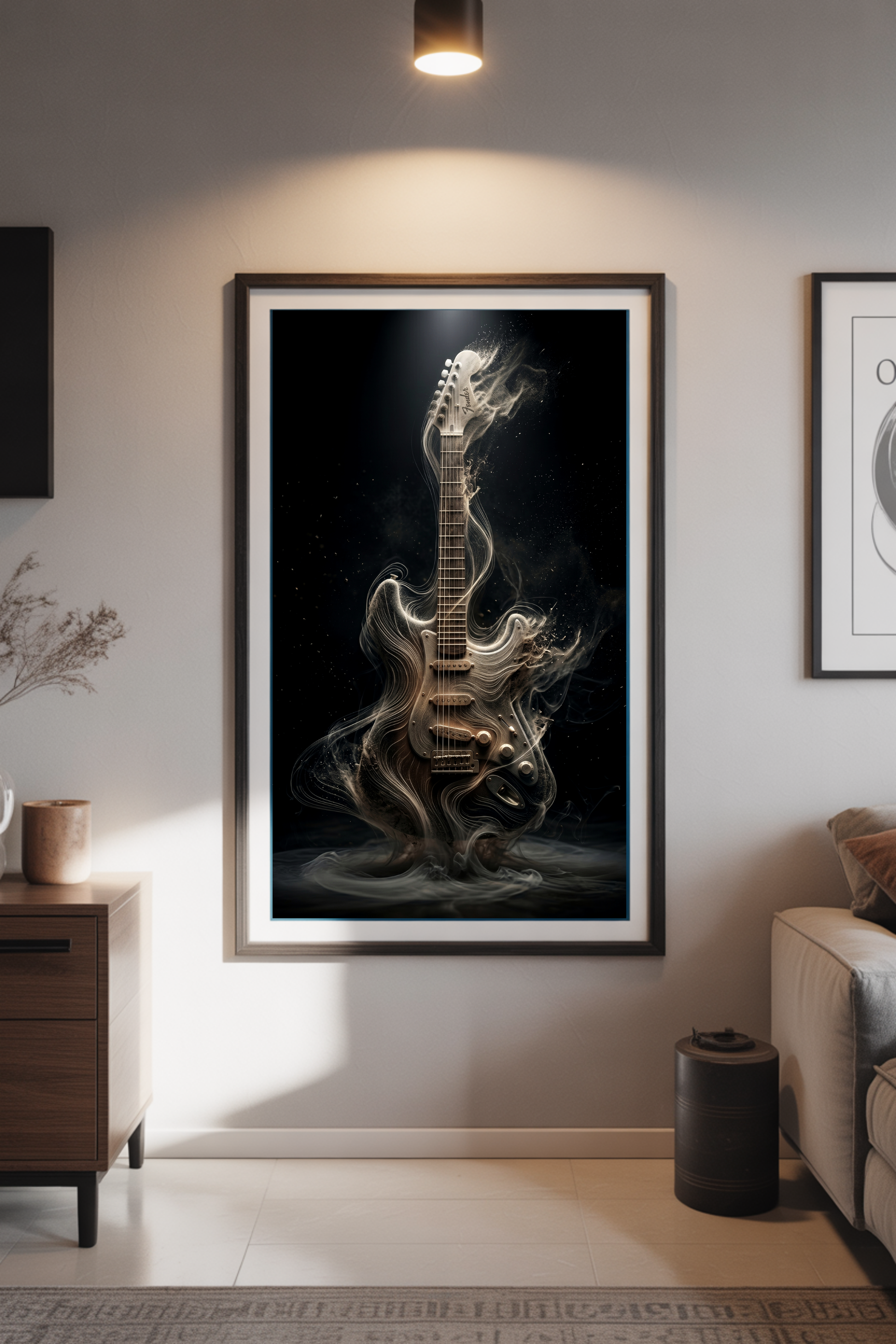 Framed artwork of a guitar on a wall in a living room setting