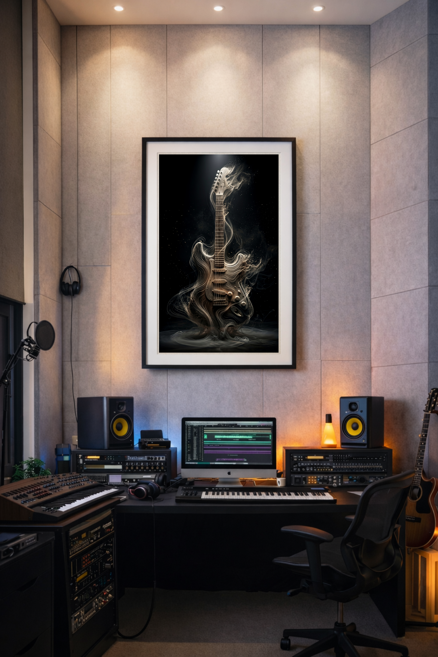 Home studio with music production equipment and a framed abstract guitar artwork on the wall.