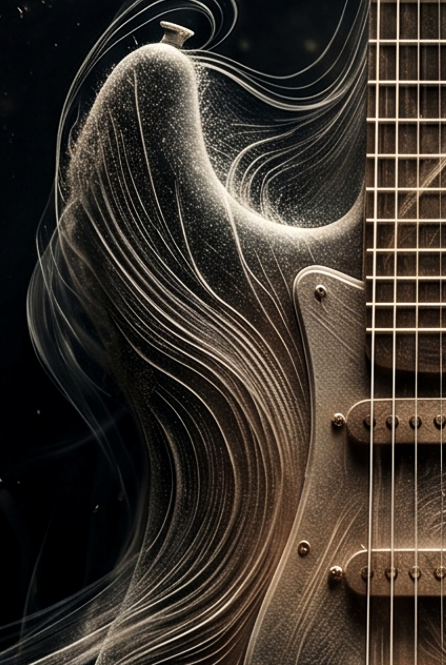 Close-up of a guitar with artistic abstract design on the body