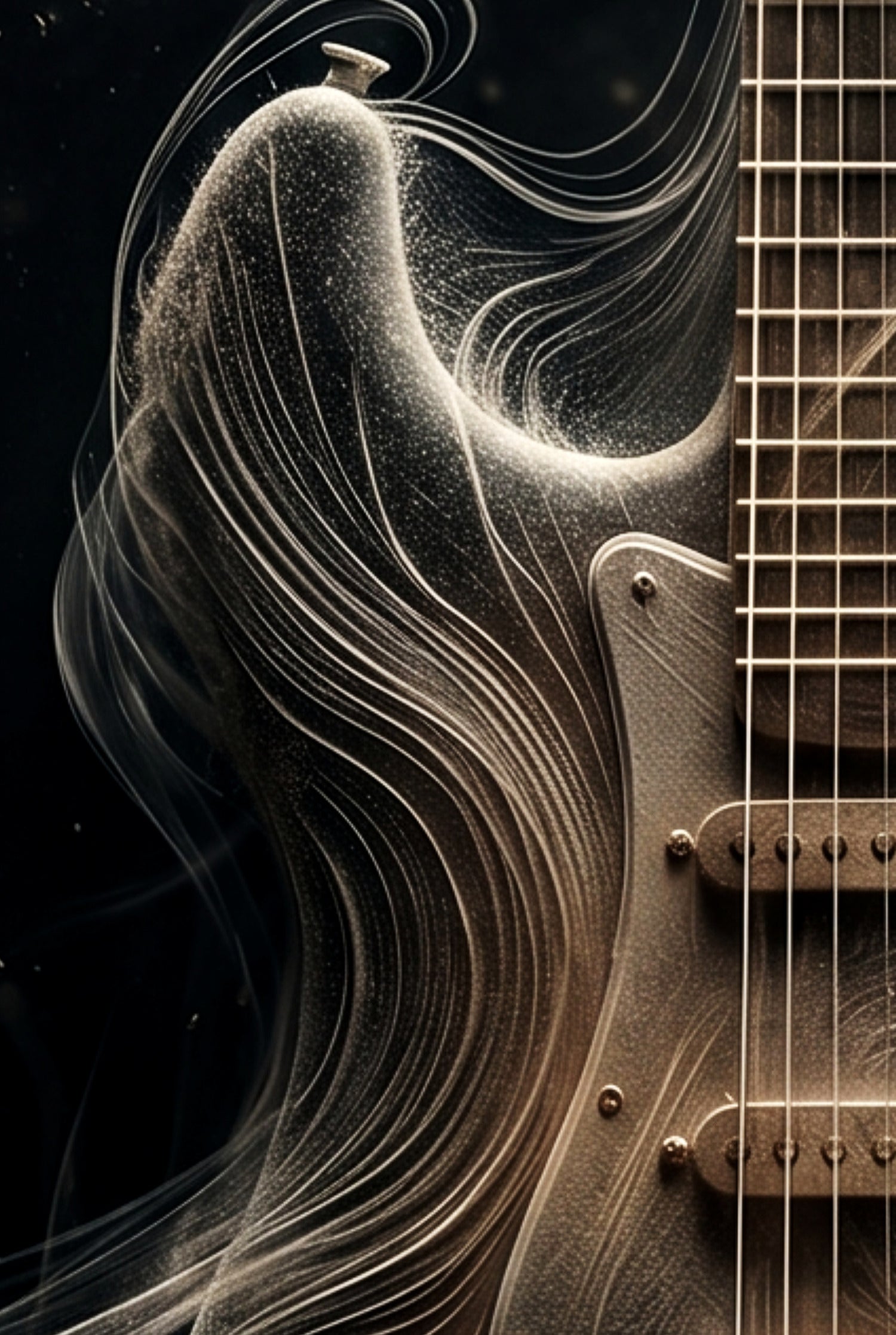 Close-up of a guitar with artistic abstract design on the body