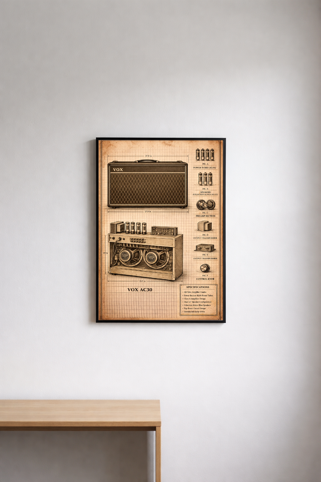 Framed vintage-style poster of a vox amplifier on a wall.