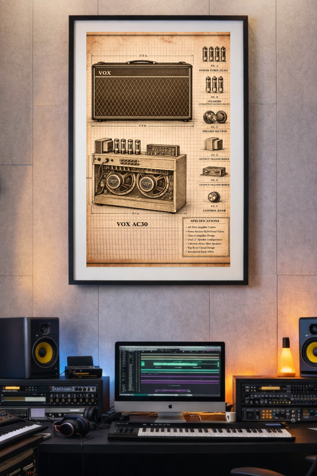 Framed poster of VOX amplifier designs on a wall above a music studio setup.