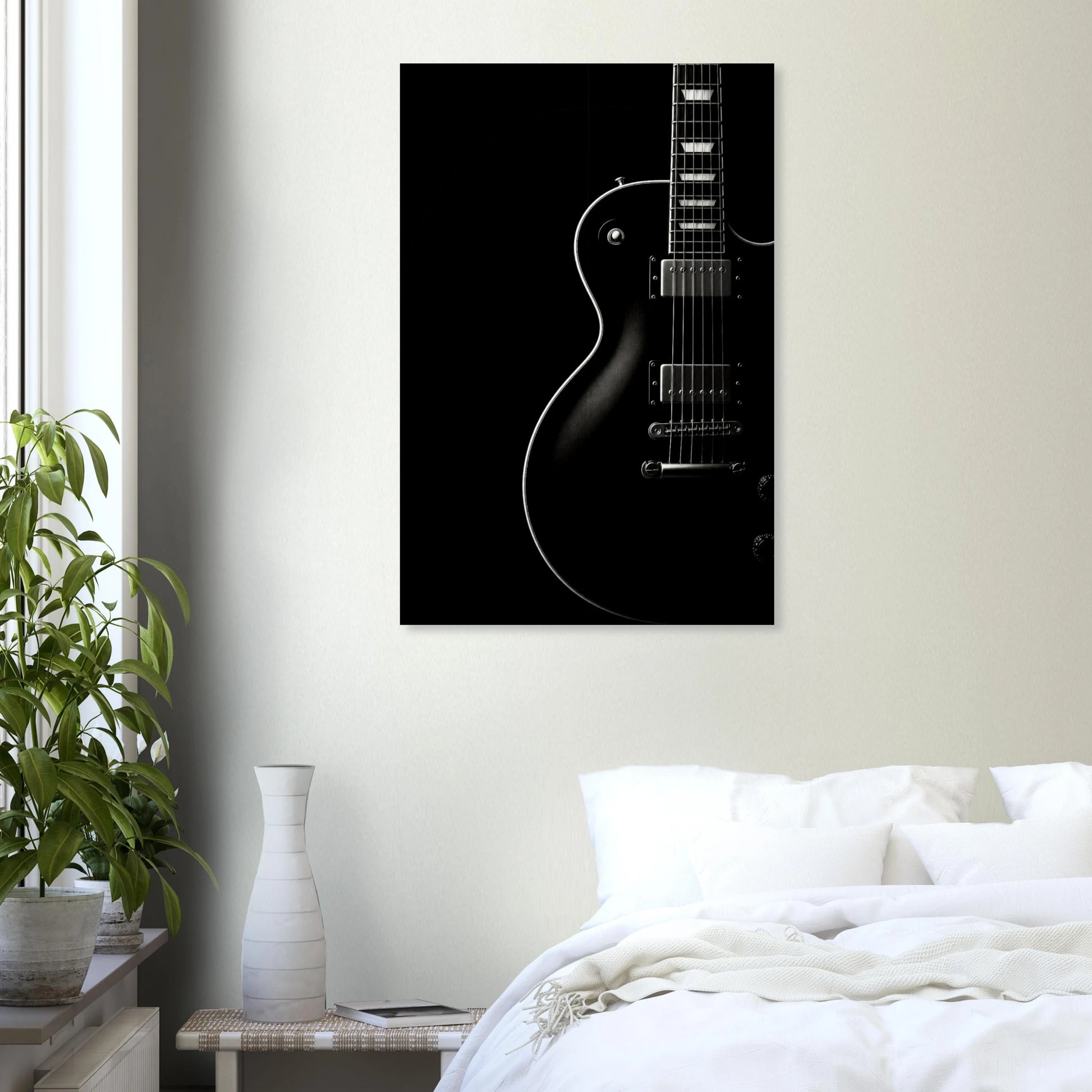 Black Resonance modern guitar wall art print styled in a contemporary bedroom interior with clean decor and gallery-inspired presentation.