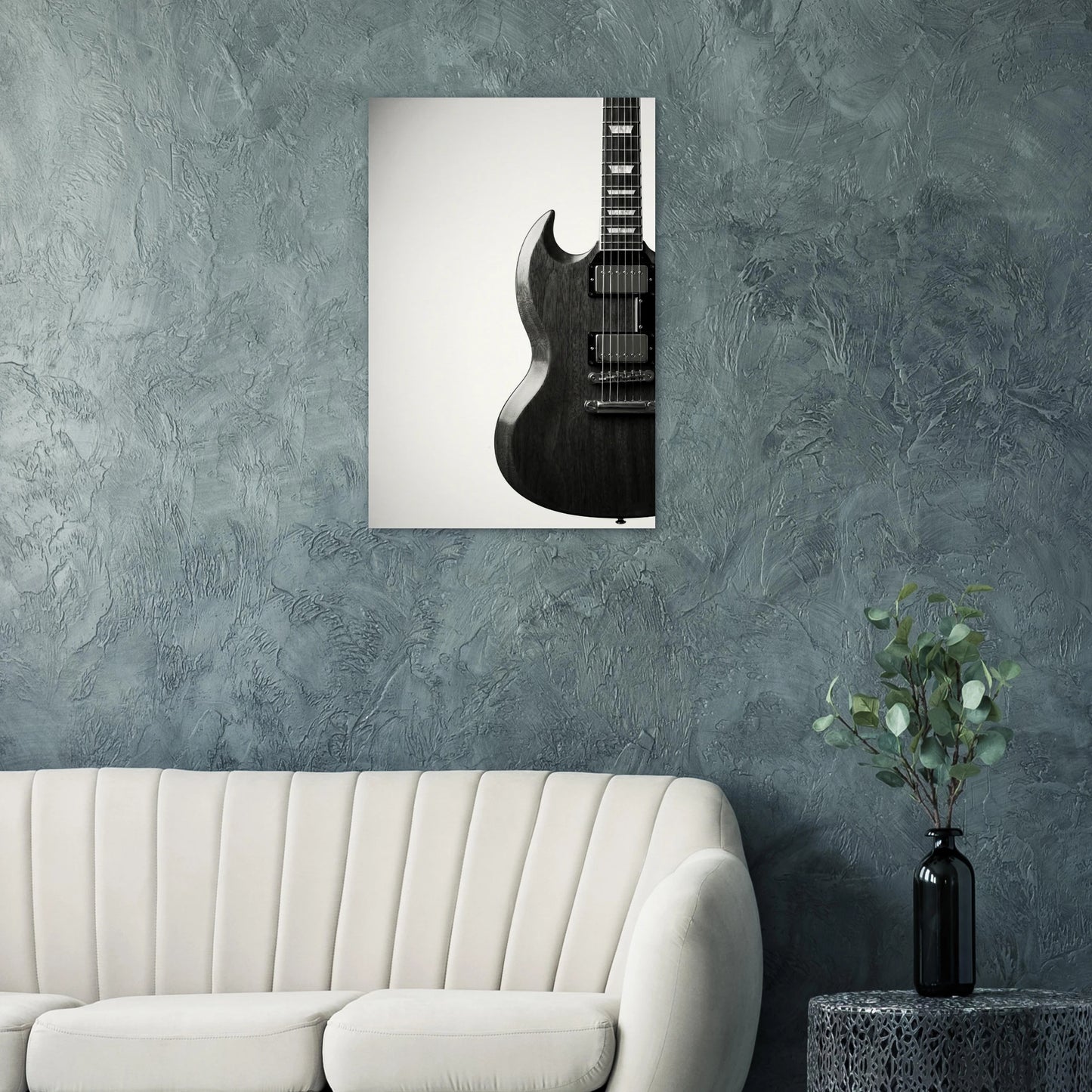 Gibson SG art print displayed on a teal wall above a modern white sofa — Guitar Prints museum-quality matte art print