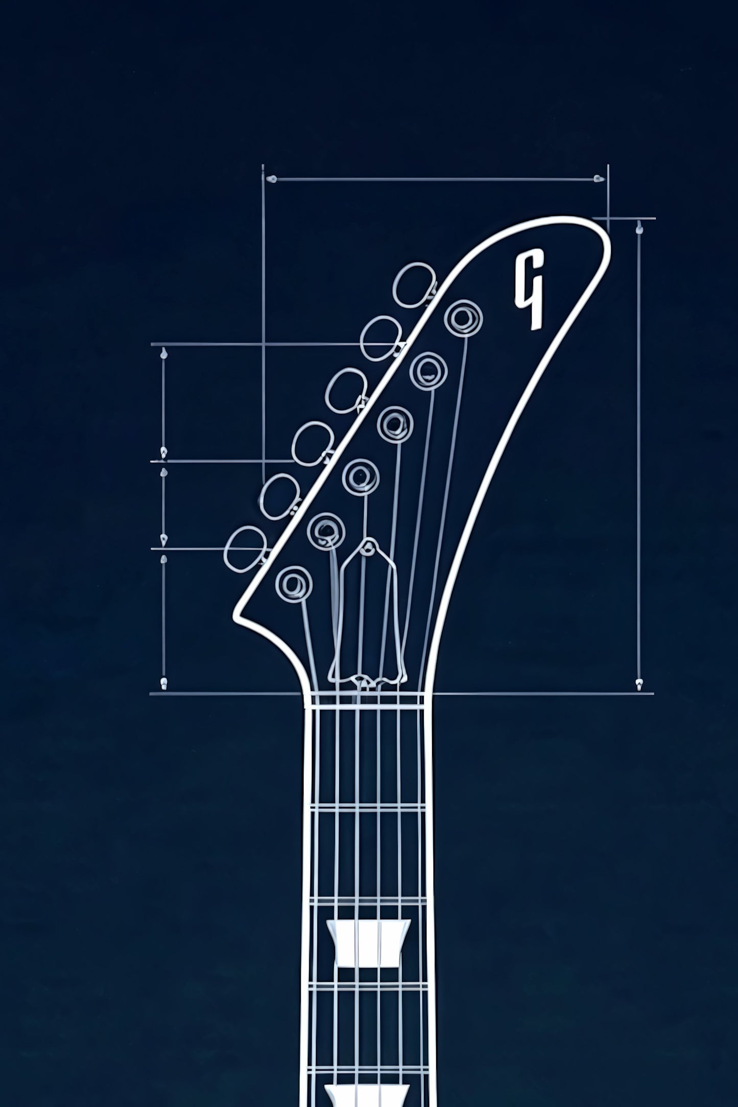 Technical drawing of a guitar headstock with measurements on a dark blue background