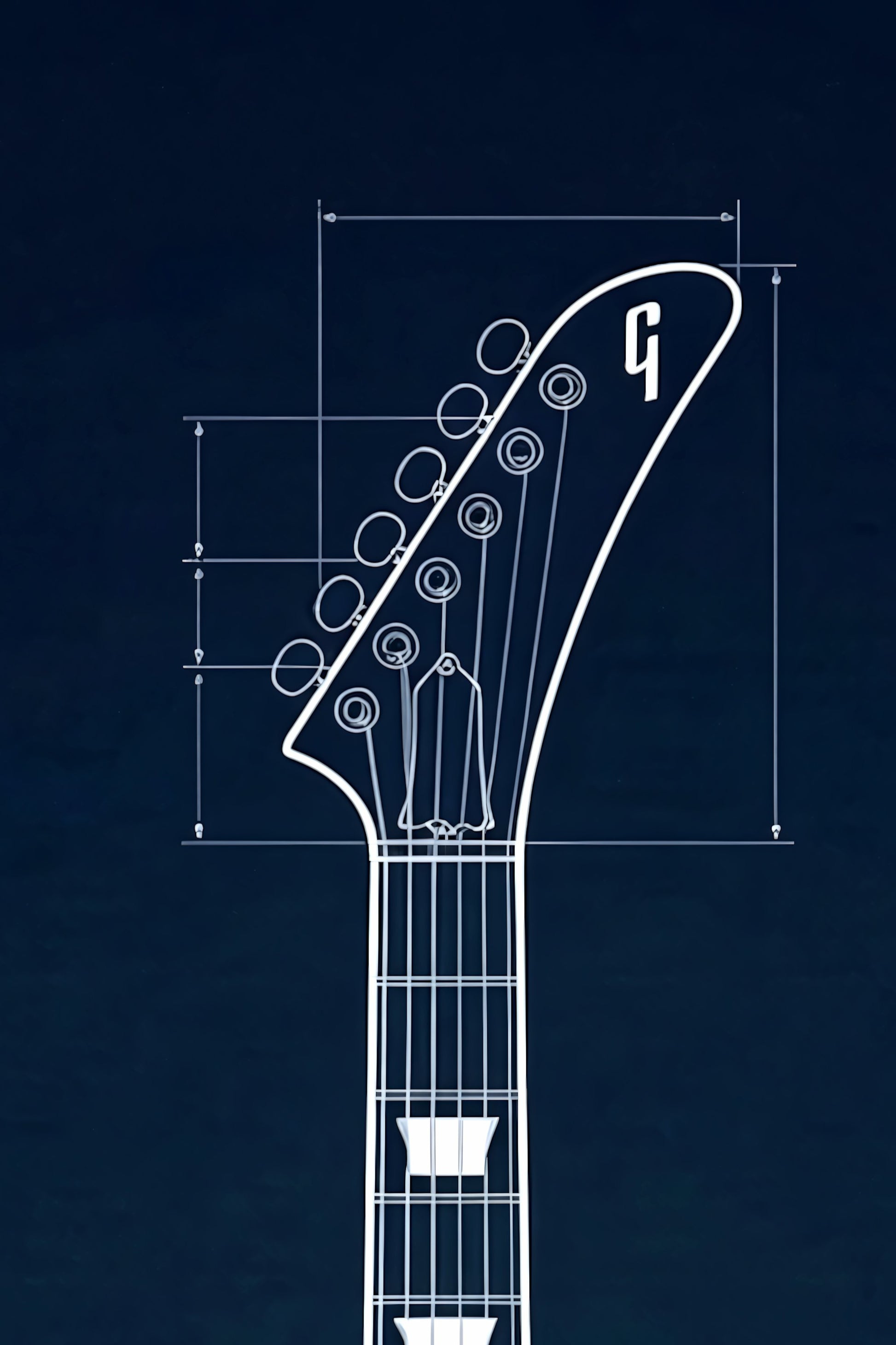 Technical drawing of a guitar headstock with measurements on a dark blue background