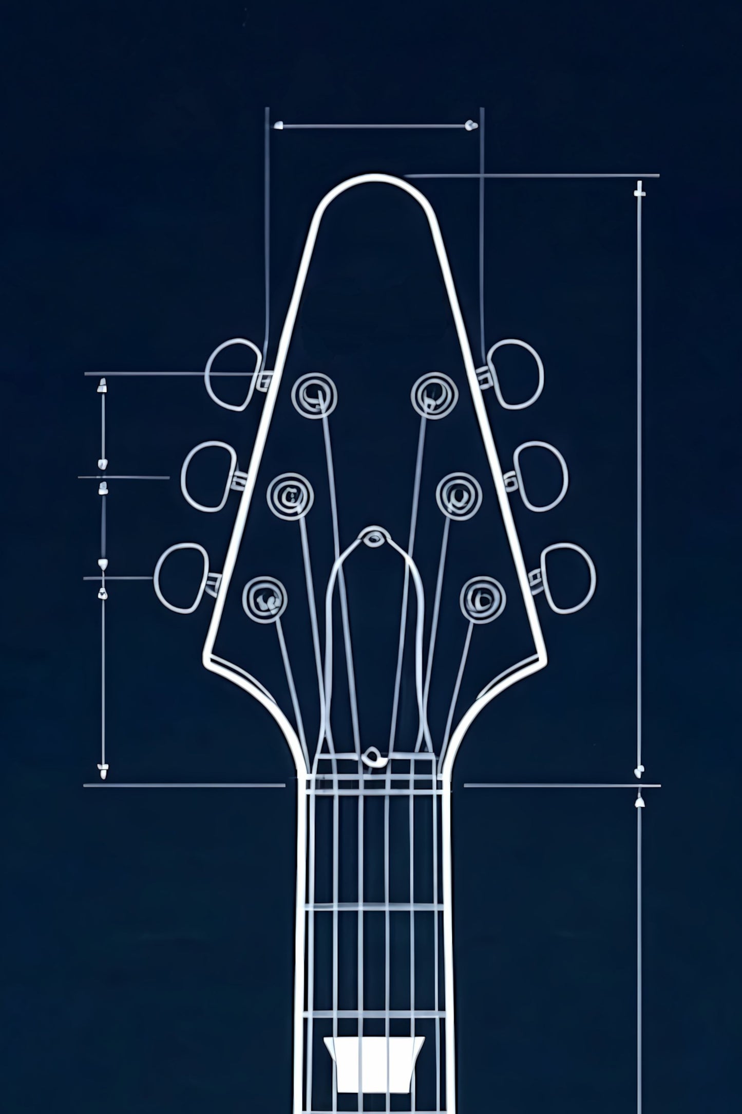 Technical drawing of a guitar headstock with measurements on a dark blue background