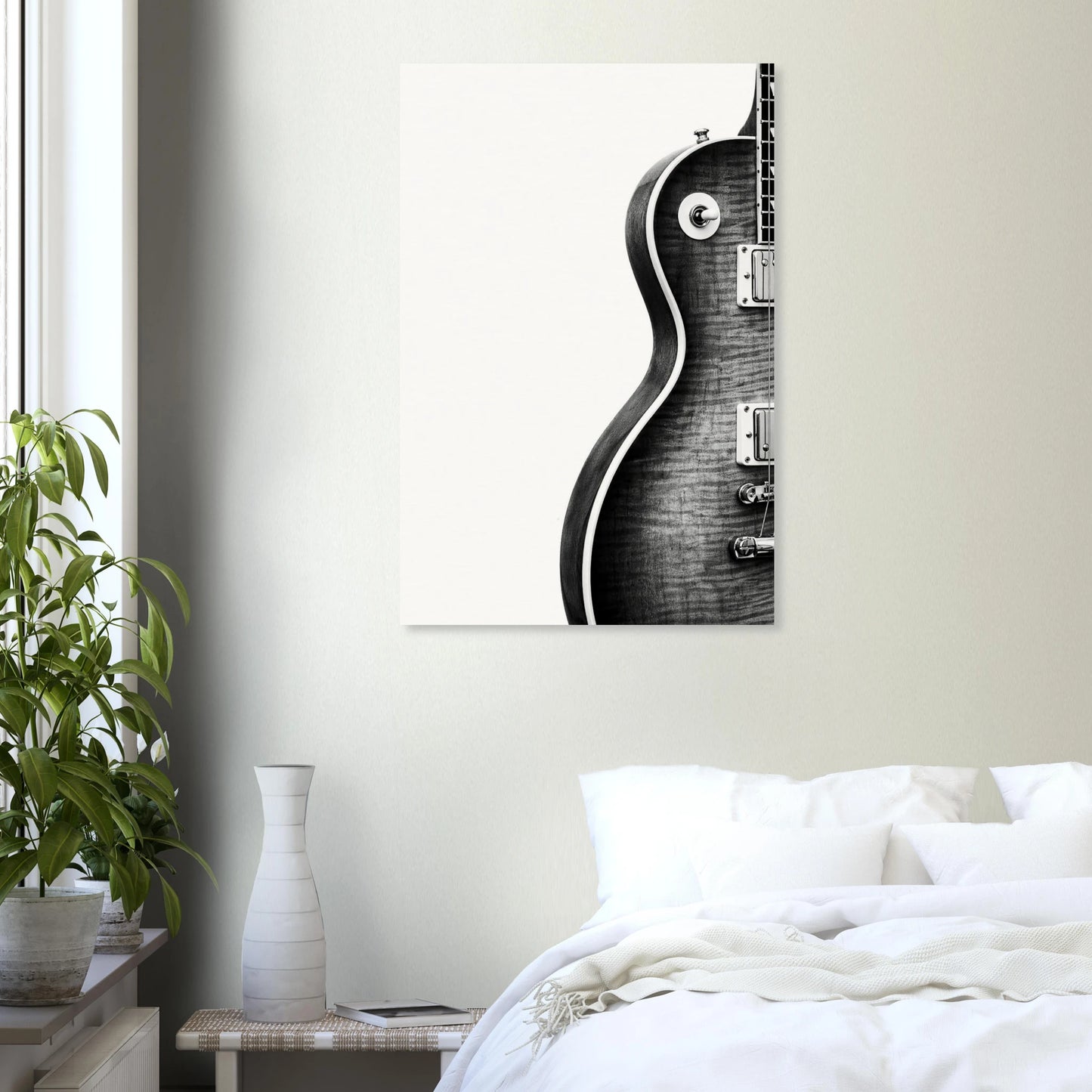 Les Paul Monochrome art print in a white frame above a bed — Guitar Prints museum-quality matte art print