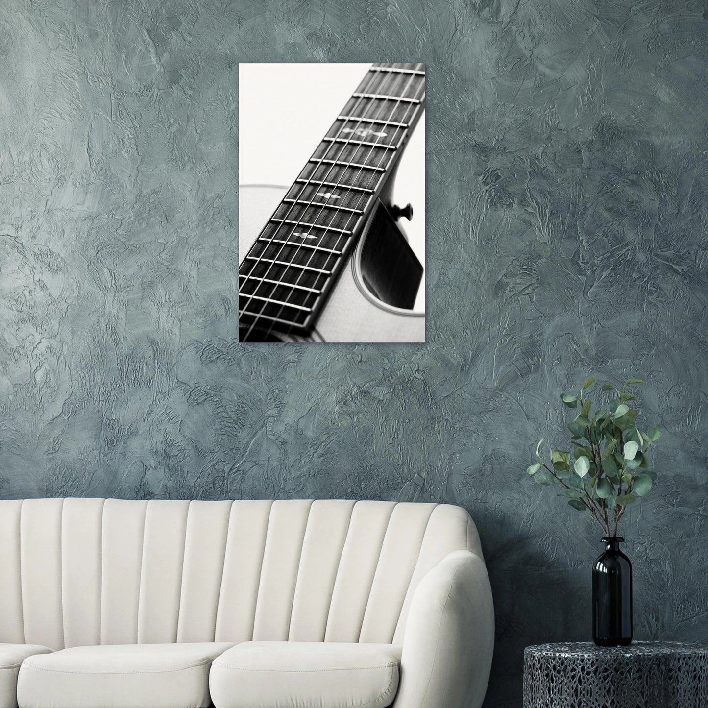 acoustic guitar fretboard macro print on a living room wall