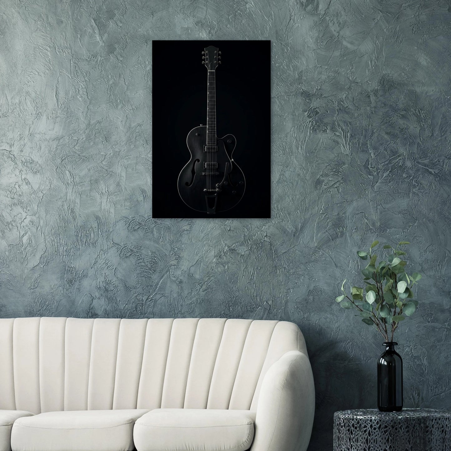 Gretsch Shadow art print on a teal wall above a modern white sofa — Guitar Prints museum-quality matte art print
