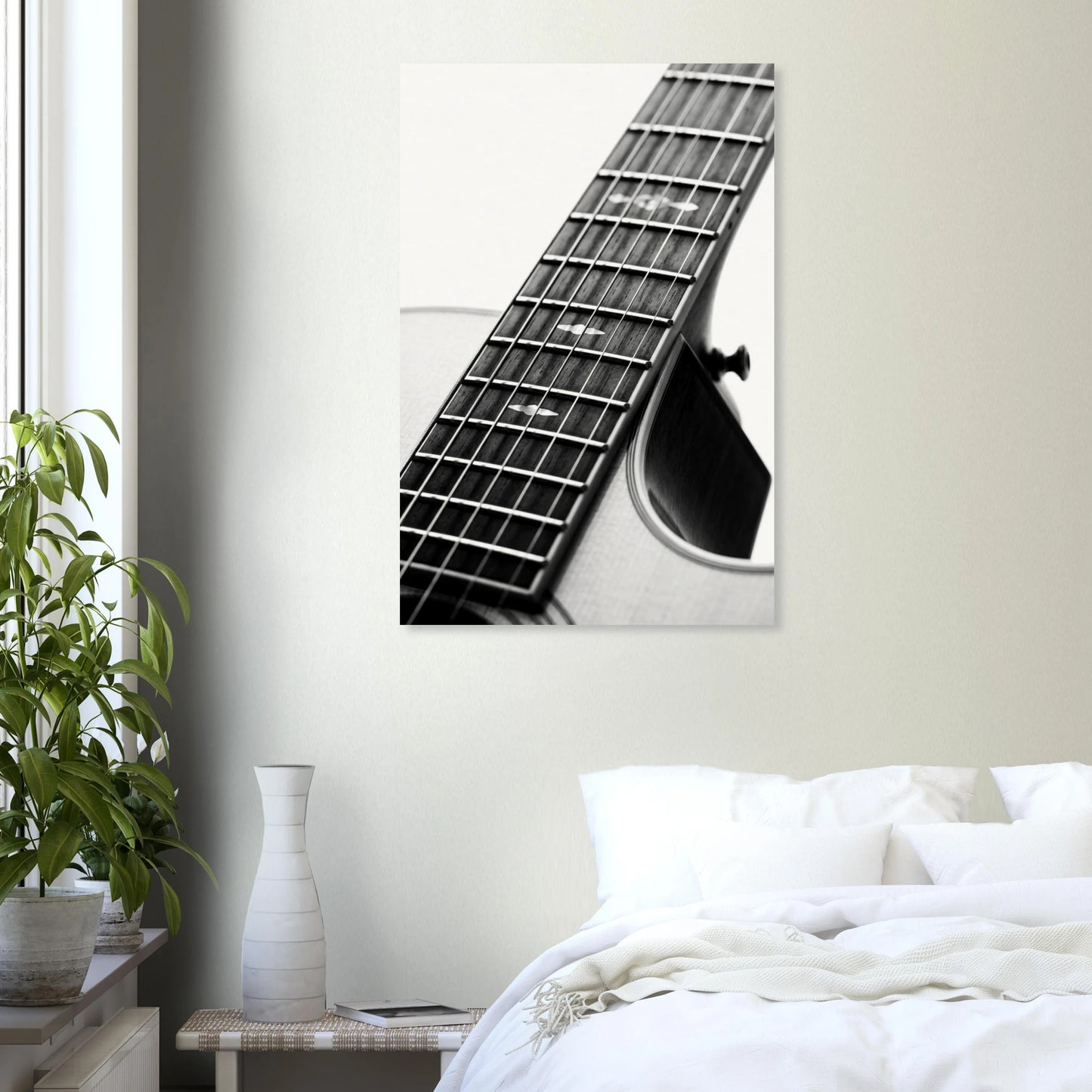 acoustic guitar macro fretboard print hung in a bedroom setting