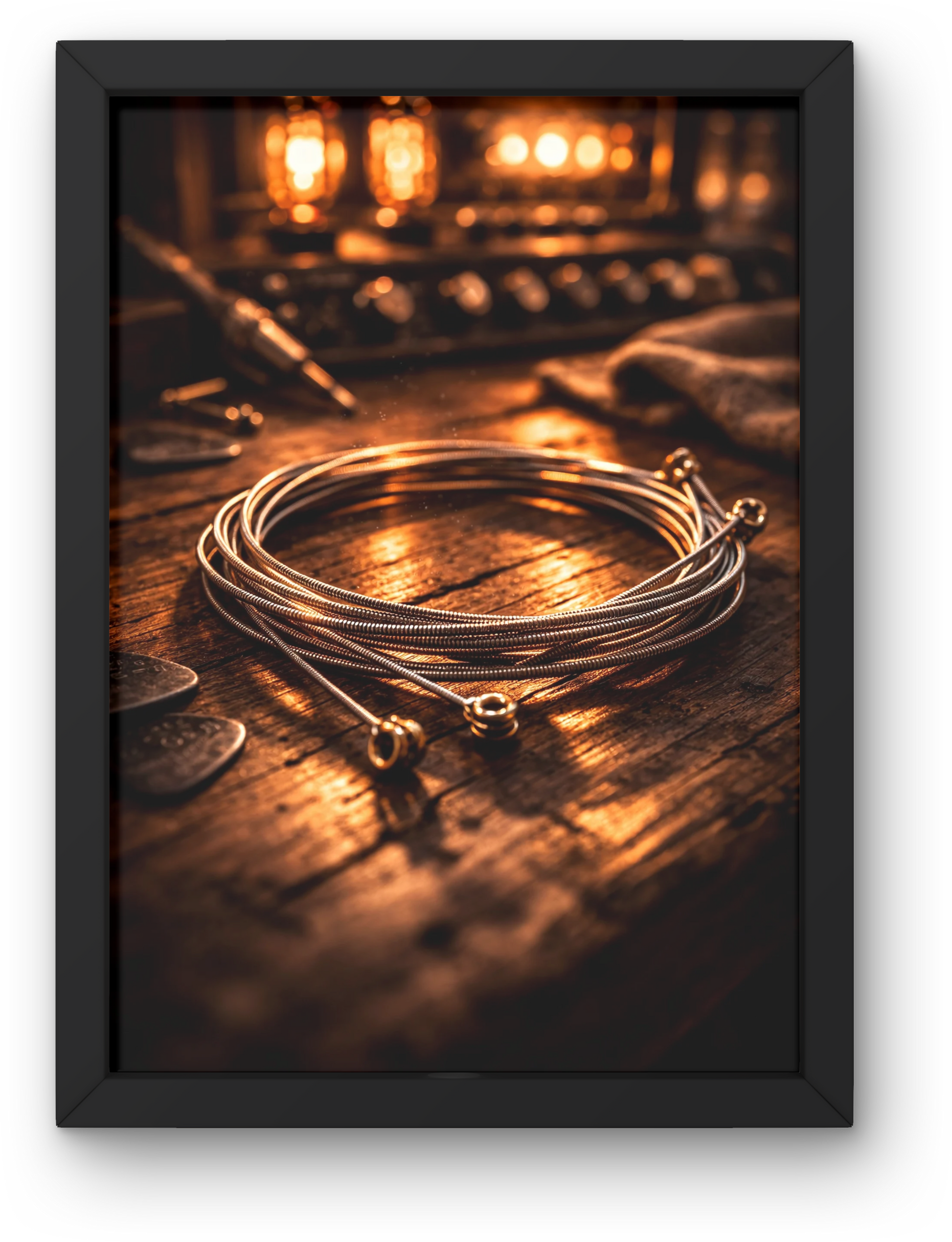 Guitar strings on a wooden surface with warm lighting
