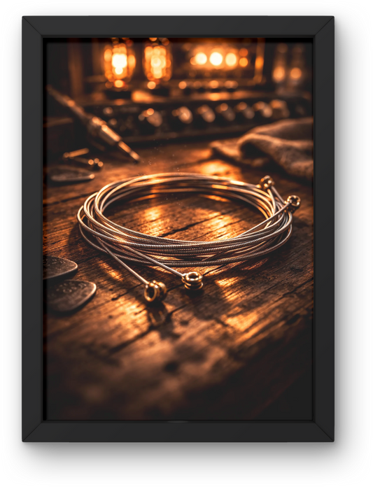 Guitar strings on a wooden surface with warm lighting
