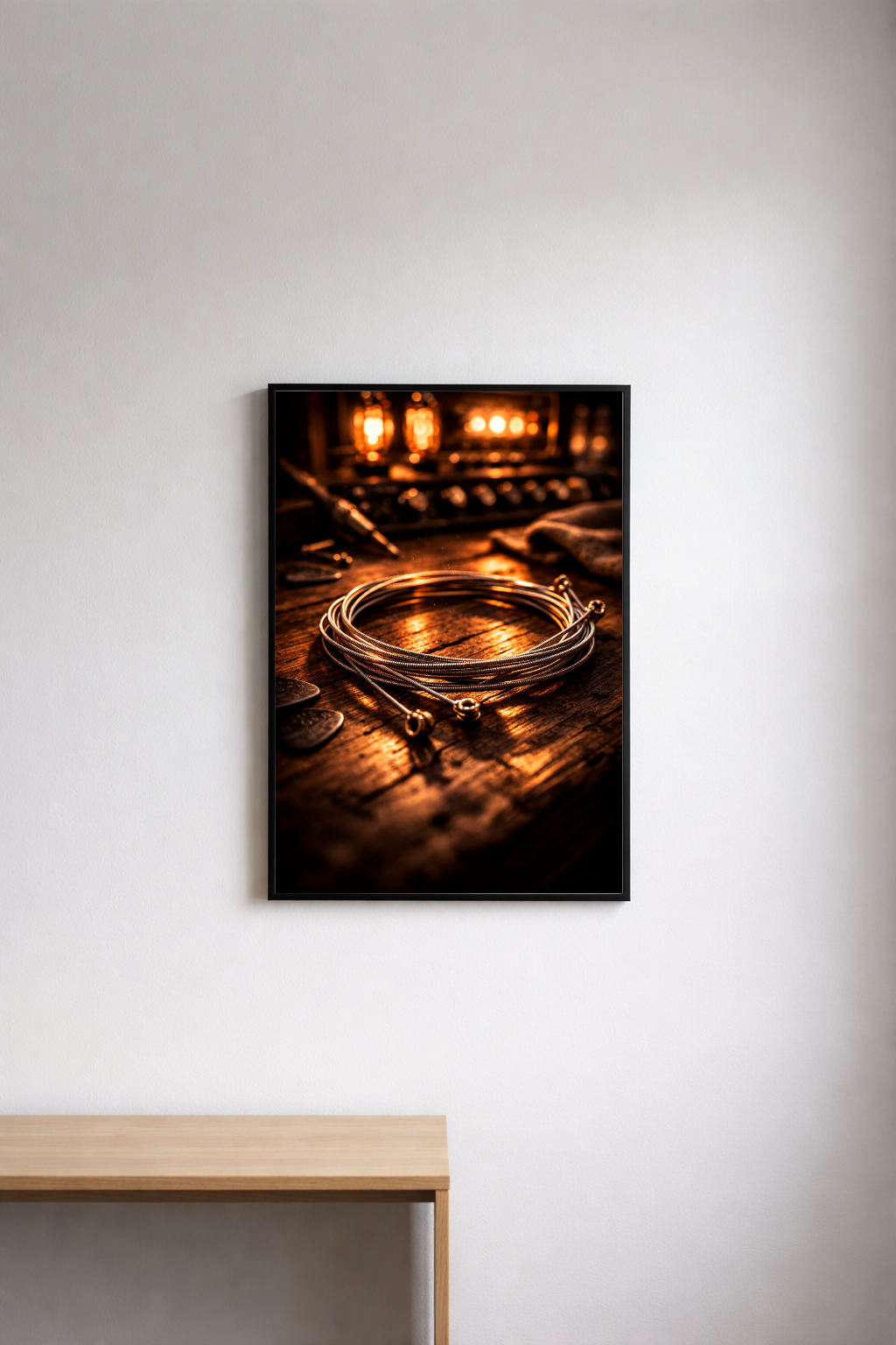 Framed photograph of guitar strings on a wooden surface, mounted on a wall.