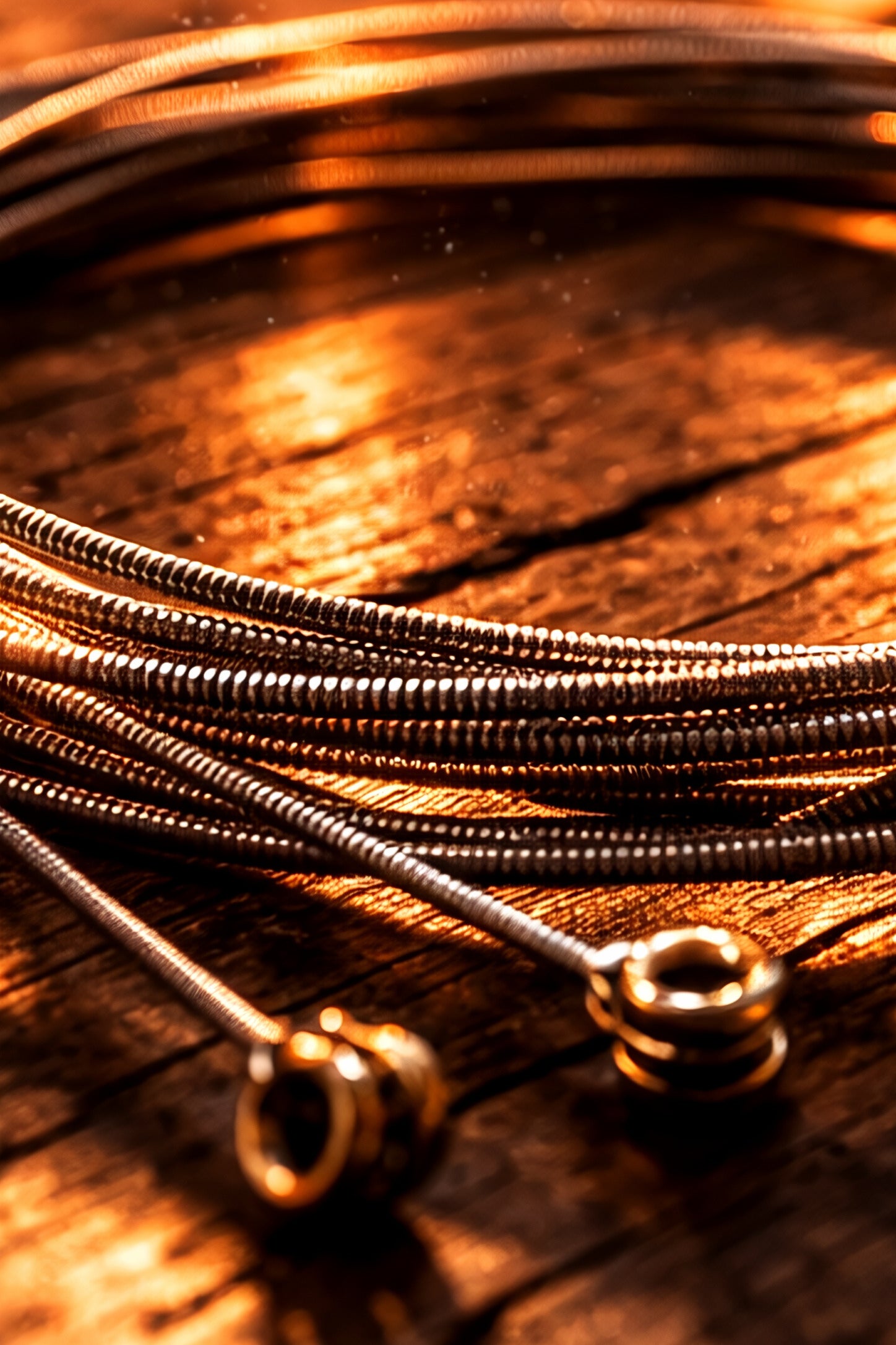 Close-up of a set of guitar strings on a wooden surface